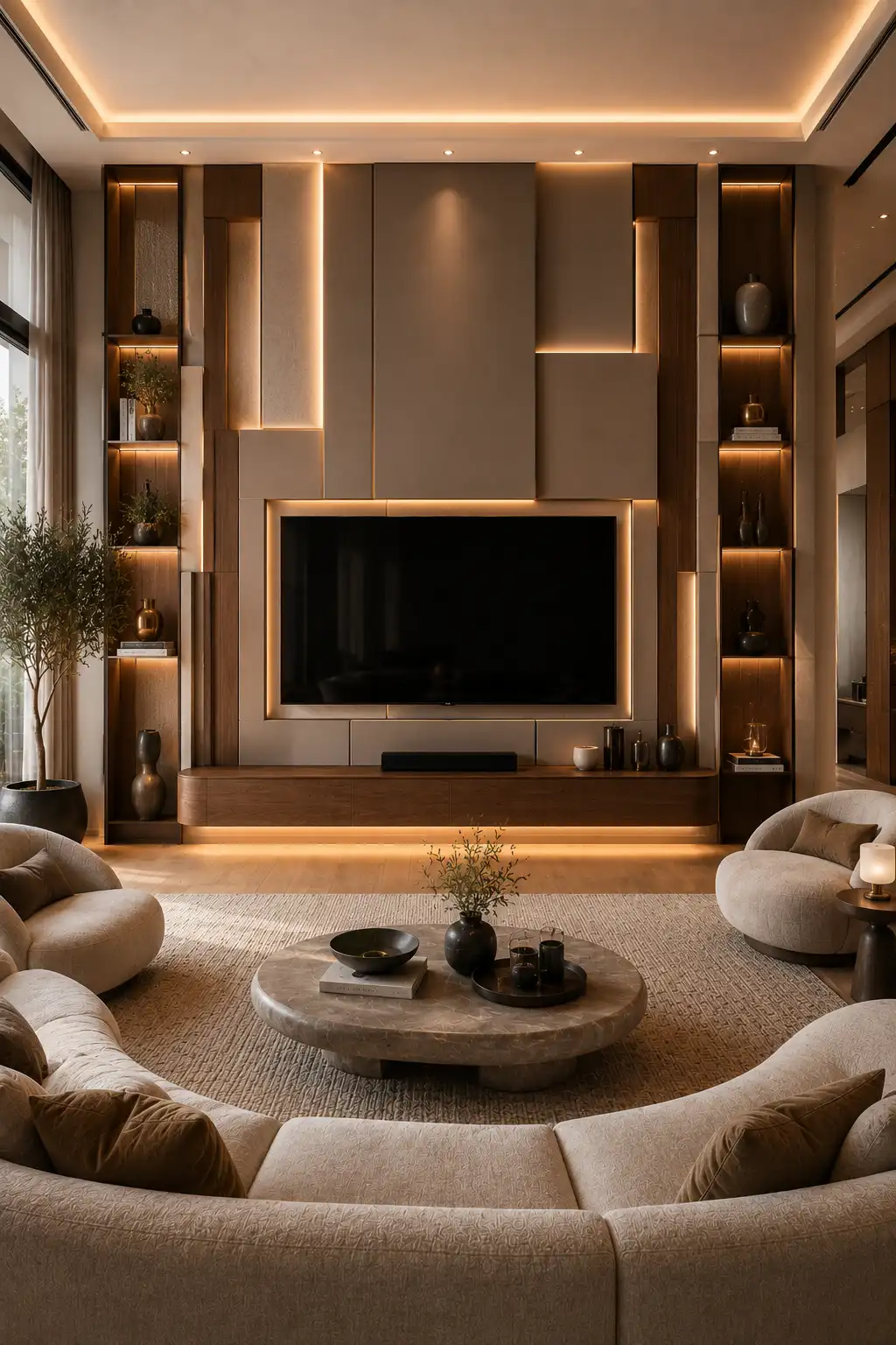 Luxury layered architectural TV wall featuring oversized 3D wall panels, warm LED lighting, floating walnut media console, illuminated display niches, premium neutral color palette, custom built cabinetry, and a modern luxury living room with elegant designer interiors.