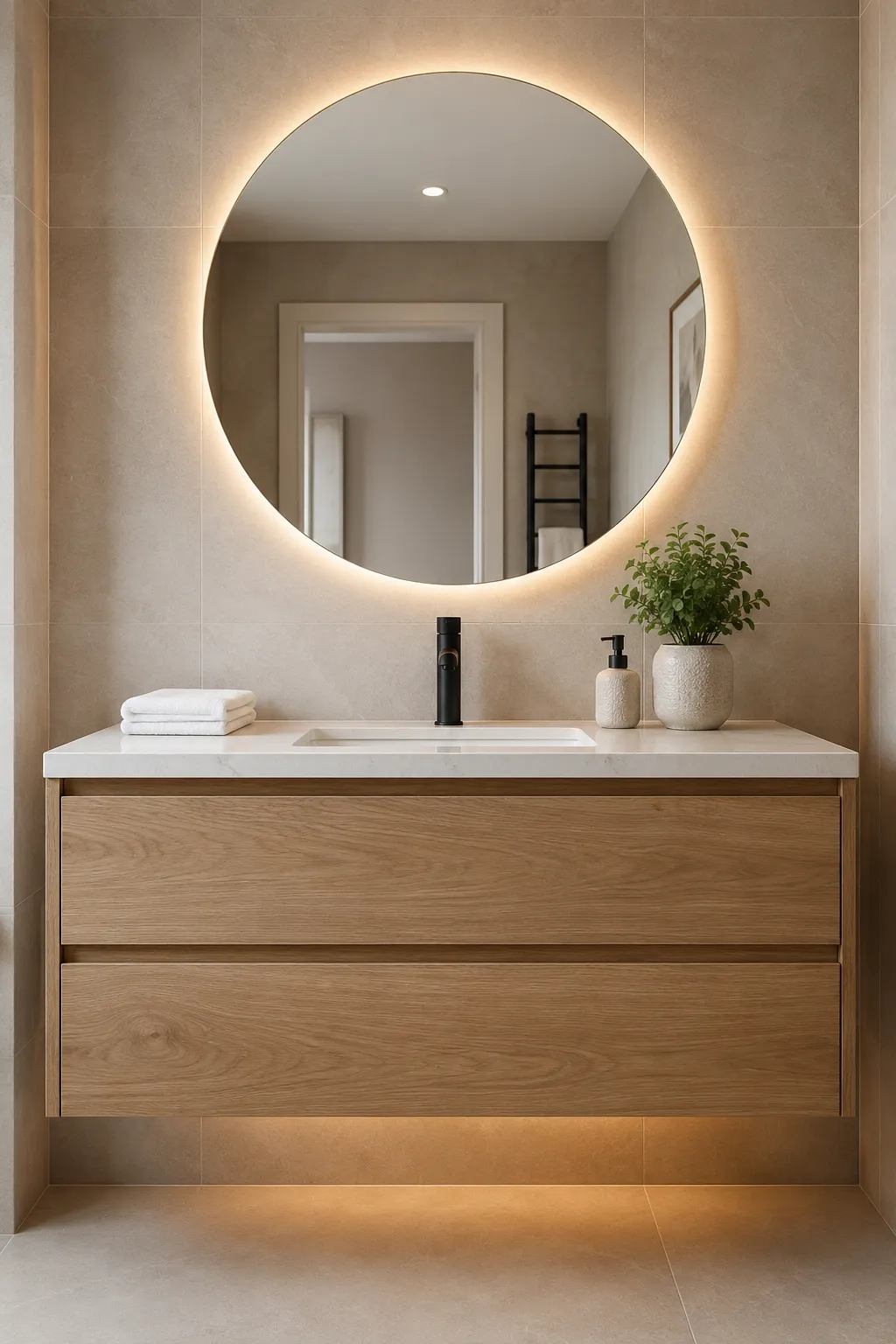 Modern floating natural oak wood vanity with white quartz countertop, oversized round LED backlit mirror, matte black faucet, warm under cabinet LED lighting, beige large format porcelain wall tiles, minimalist ceramic accessories, folded white towels, indoor plant, and luxury small bathroom decor for modern homes on a budget.