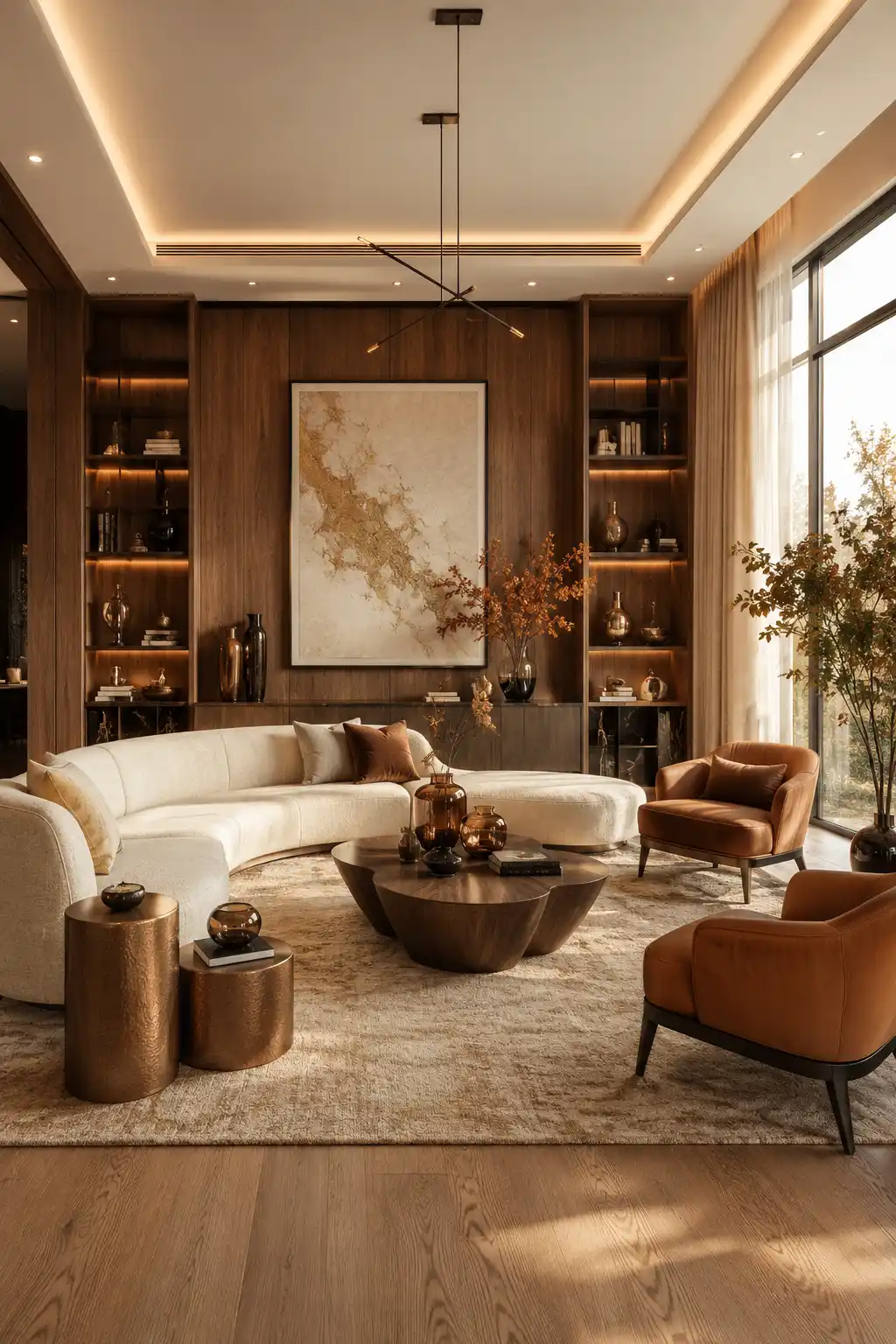 Luxury warm walnut fall living room with a curved cream sectional sofa, cognac leather accent chairs, sculptural walnut coffee table, illuminated floor to ceiling built in shelving, oversized abstract wall art, warm oak flooring, textured neutral area rug, bronze side tables, decorative ceramic vases with autumn branches, large floor to ceiling windows, layered ambient lighting, modern luxury fall home decor, elegant contemporary living room inspiration.