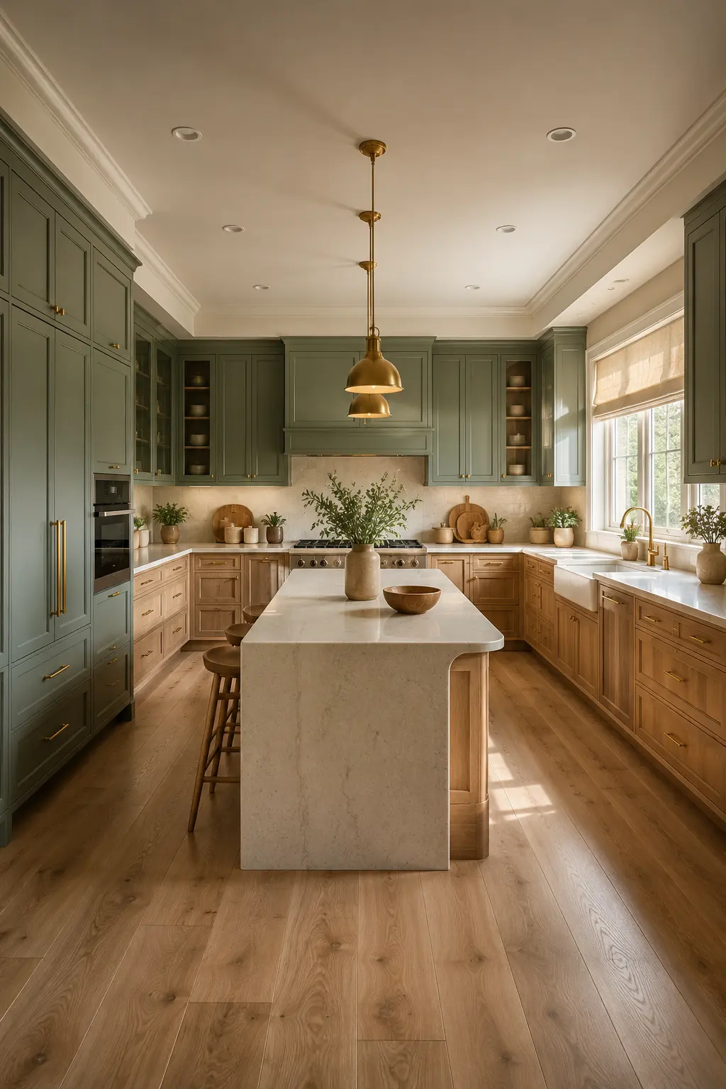 Luxury sage green and warm oak kitchen featuring floor to ceiling sage cabinets, white quartz waterfall island, brushed brass hardware, warm oak flooring, full height quartz backsplash, designer pendant lighting, integrated appliances, oversized windows, and a modern 2026 kitchen color palette with timeless luxury styling.