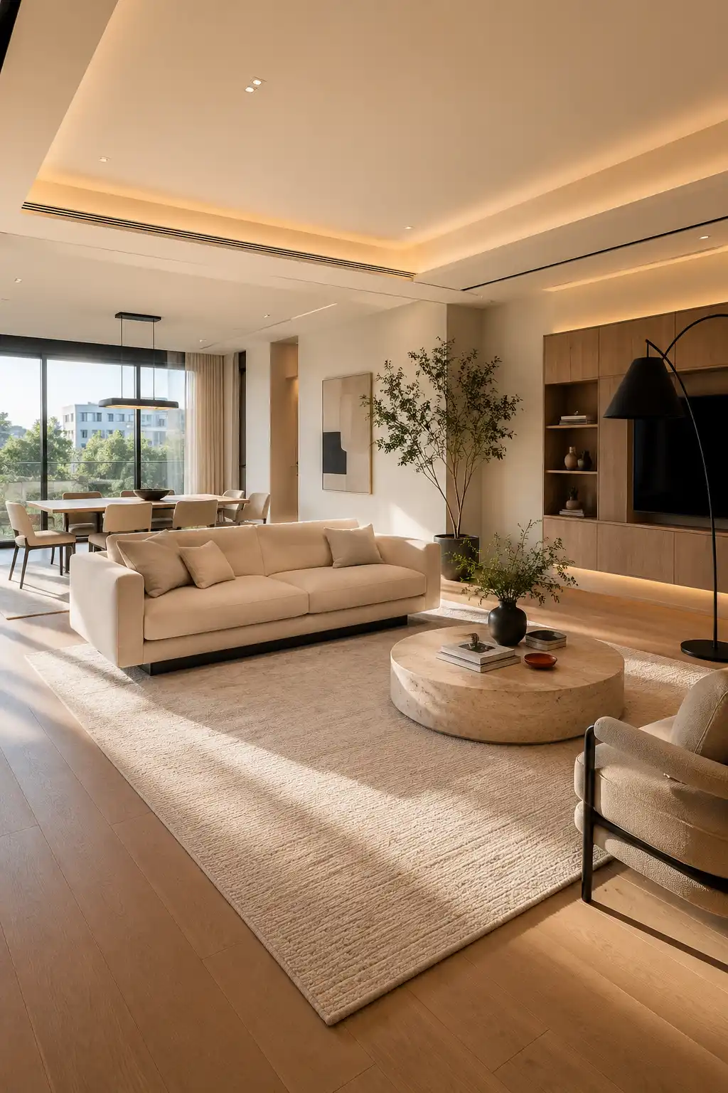 Modern floating sofa layout in a small open living room featuring a luxurious cream fabric sofa placed away from the wall, oversized textured area rug, large round stone coffee table, custom walnut media wall with warm LED lighting, open concept dining area, floor-to-ceiling windows, natural oak flooring, neutral home decor, bright modern apartment, and contemporary open floor plan design.
