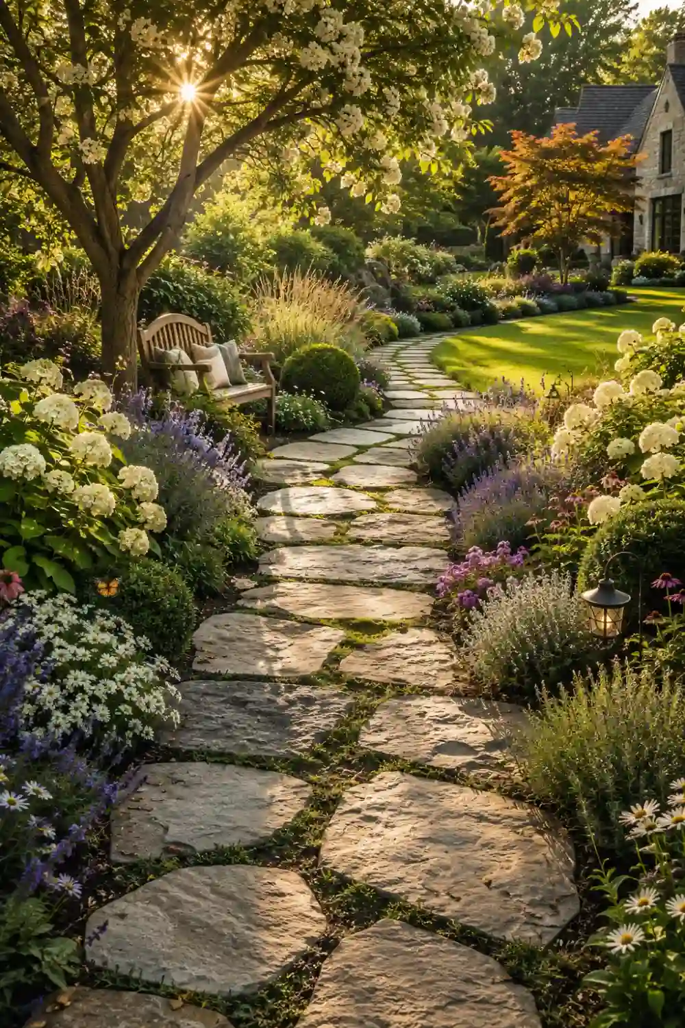 Natural flagstone garden path winding through a lush backyard filled with blooming hydrangeas, lavender, colorful flowers, ornamental grasses, mature trees, and neatly landscaped garden beds, creating a timeless outdoor walkway with elegant cottage garden landscaping and luxury backyard inspiration.