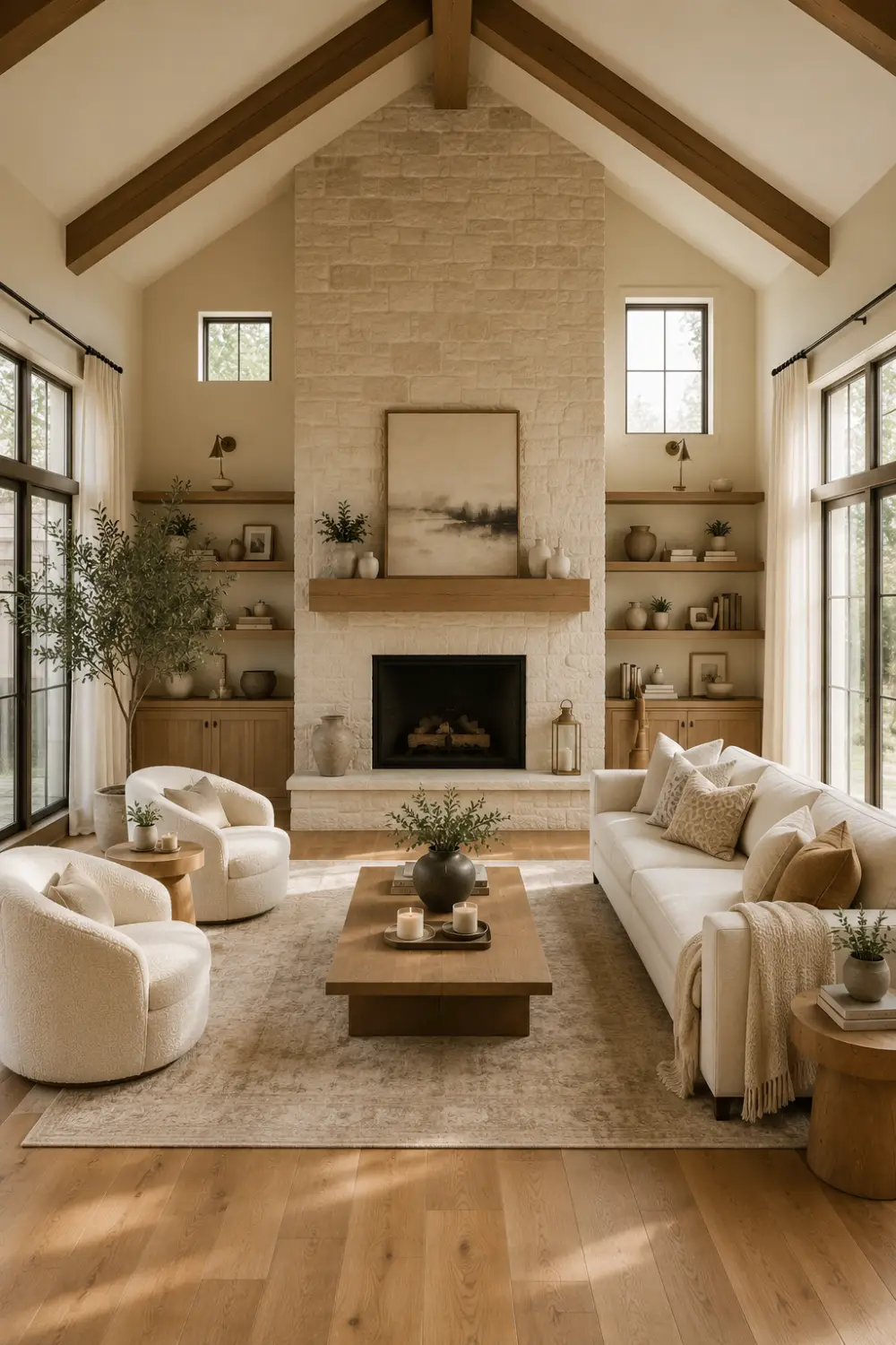 Luxury modern rustic living room featuring dramatic exposed reclaimed wood ceiling beams, a curved cream linen sectional sofa, natural limestone fireplace, handcrafted solid oak coffee table, textured neutral area rug, oversized black framed windows, flowing linen curtains, indoor olive tree, ceramic décor, warm oak flooring, and soft golden natural light creating a cozy, elegant rustic home with modern farmhouse style.