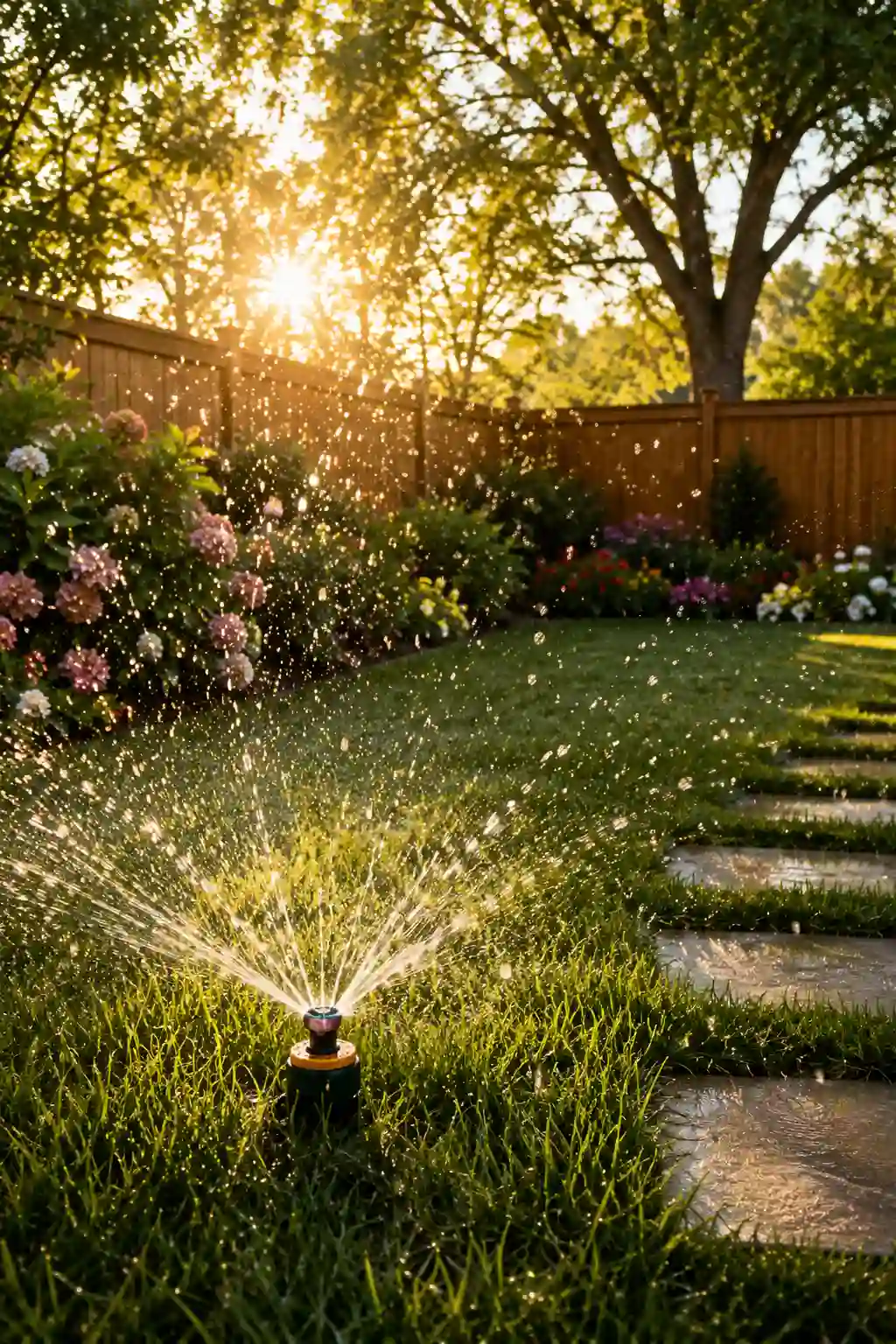 Deep watering a lush green backyard lawn with a rotating sprinkler during golden sunrise, showing healthy emerald grass, sparkling water droplets, strong root development, professional lawn irrigation, backyard landscaping, and expert lawn care maintenance for a vibrant green yard.