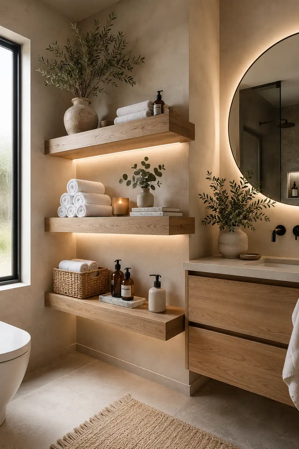 Modern guest bathroom featuring floating wooden shelves with neatly rolled white towels, woven storage baskets, amber glass soap dispensers, ceramic vases, eucalyptus greenery, warm LED shelf lighting, and a floating oak vanity for a luxury spa inspired bathroom decor look.