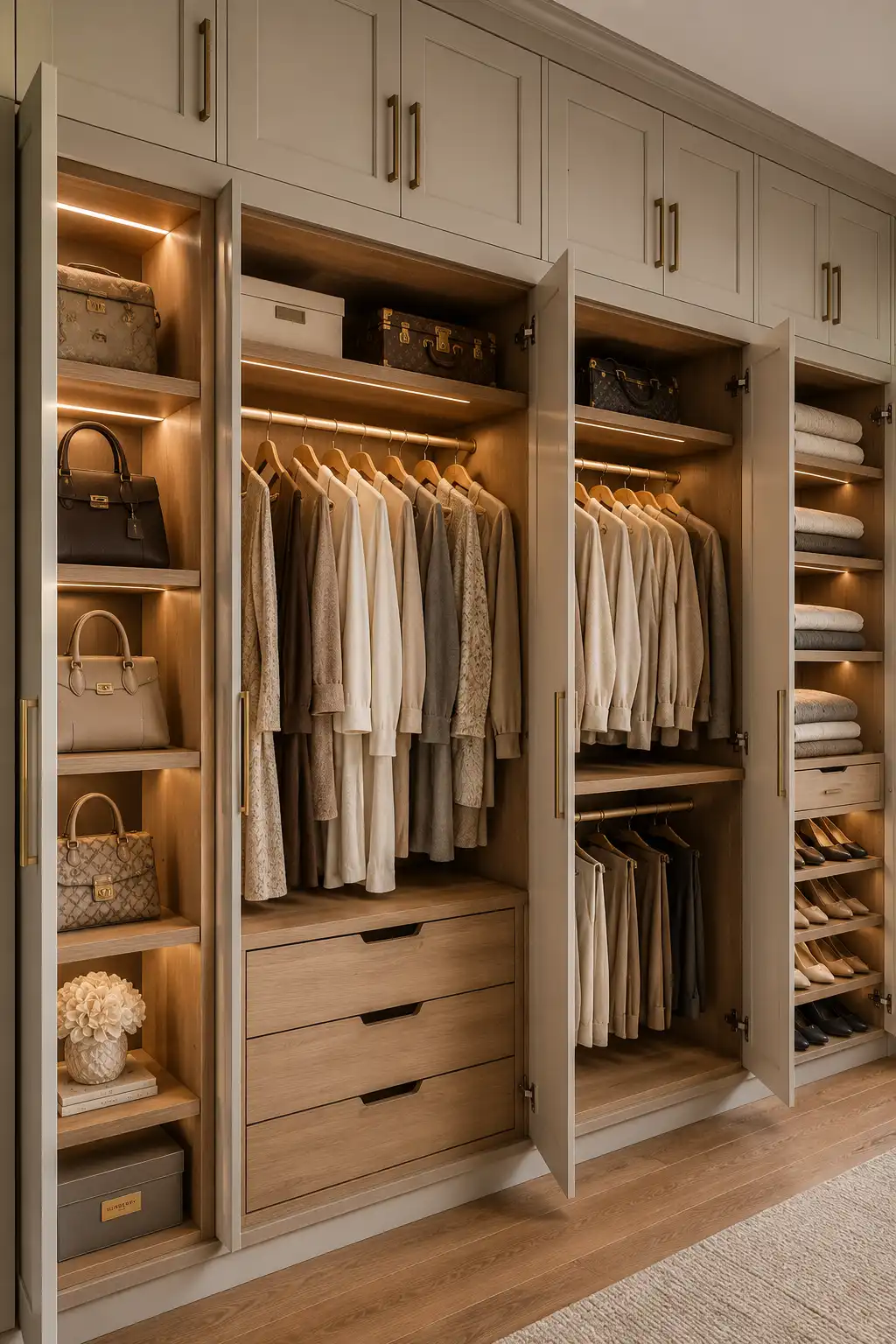 Modern floor to ceiling wardrobe with built in storage drawers, full height cabinets, open shelving, hanging rails, folded clothes, woven baskets, and warm LED lighting in a luxury small bedroom, showcasing smart bedroom organization, custom closet design, and space saving storage ideas for compact bedrooms.