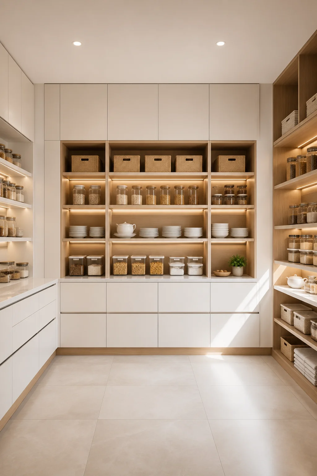 Luxury floor to ceiling pantry cabinets featuring custom matte white cabinetry, natural white oak open shelving, matching airtight glass food storage jars, integrated warm LED shelf lighting, white quartz countertops, organized pantry essentials, porcelain flooring, and modern pantry organization ideas designed for elegant home storage and contemporary kitchens.
