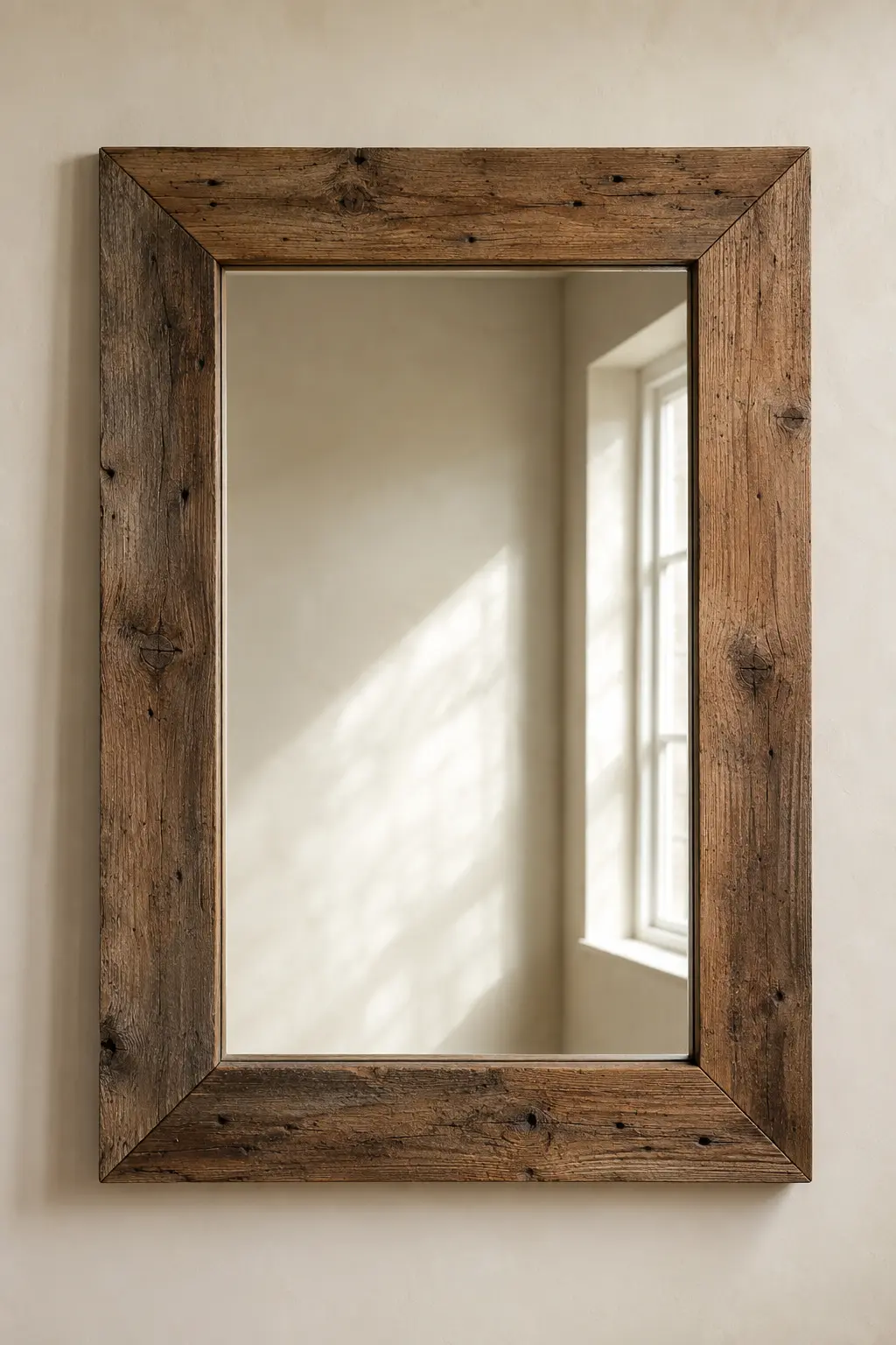 Rustic reclaimed wood mirror frame featuring a large rectangular wall mirror with a thick handcrafted reclaimed barn wood frame showcasing authentic weathered grain, natural knots, aged nail holes, and warm brown wood tones. Mounted on a soft neutral plaster wall, this DIY mirror frame is perfect for farmhouse home décor, rustic bathroom mirror ideas, entryway mirror inspiration, reclaimed wood projects, modern farmhouse interiors, and DIY mirror makeover ideas.