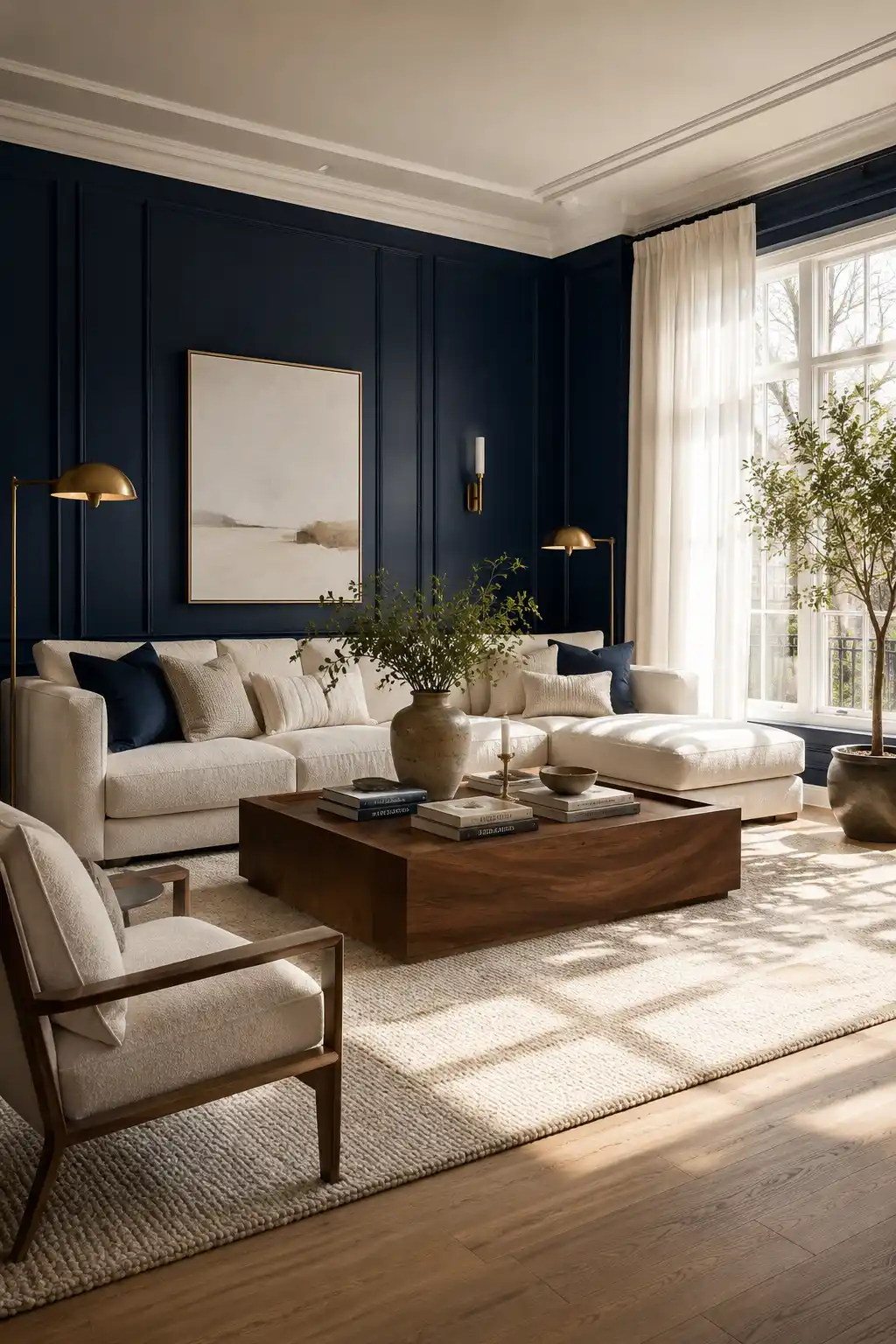 Luxury navy blue and warm white living room featuring deep navy paneled walls, oversized warm white boucle sectional sofa, solid walnut wood coffee table, light oak hardwood flooring, textured ivory area rug, brass wall sconces, oversized neutral abstract artwork, sheer linen curtains, large black framed windows, indoor olive trees, ceramic décor, layered neutral pillows, and abundant natural sunlight in a timeless modern designer living room.