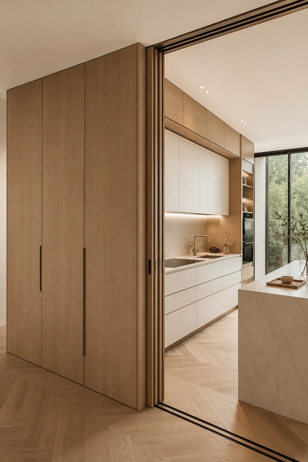 Luxury hidden kitchen with floor to ceiling white oak pocket doors revealing a modern minimalist kitchen featuring matte white handleless cabinets, integrated appliances, quartz countertops, warm LED under cabinet lighting, seamless sliding pocket door system, built in oven, natural oak cabinetry, contemporary open concept layout, hidden kitchen storage, elegant luxury home interior, and clean architectural design.