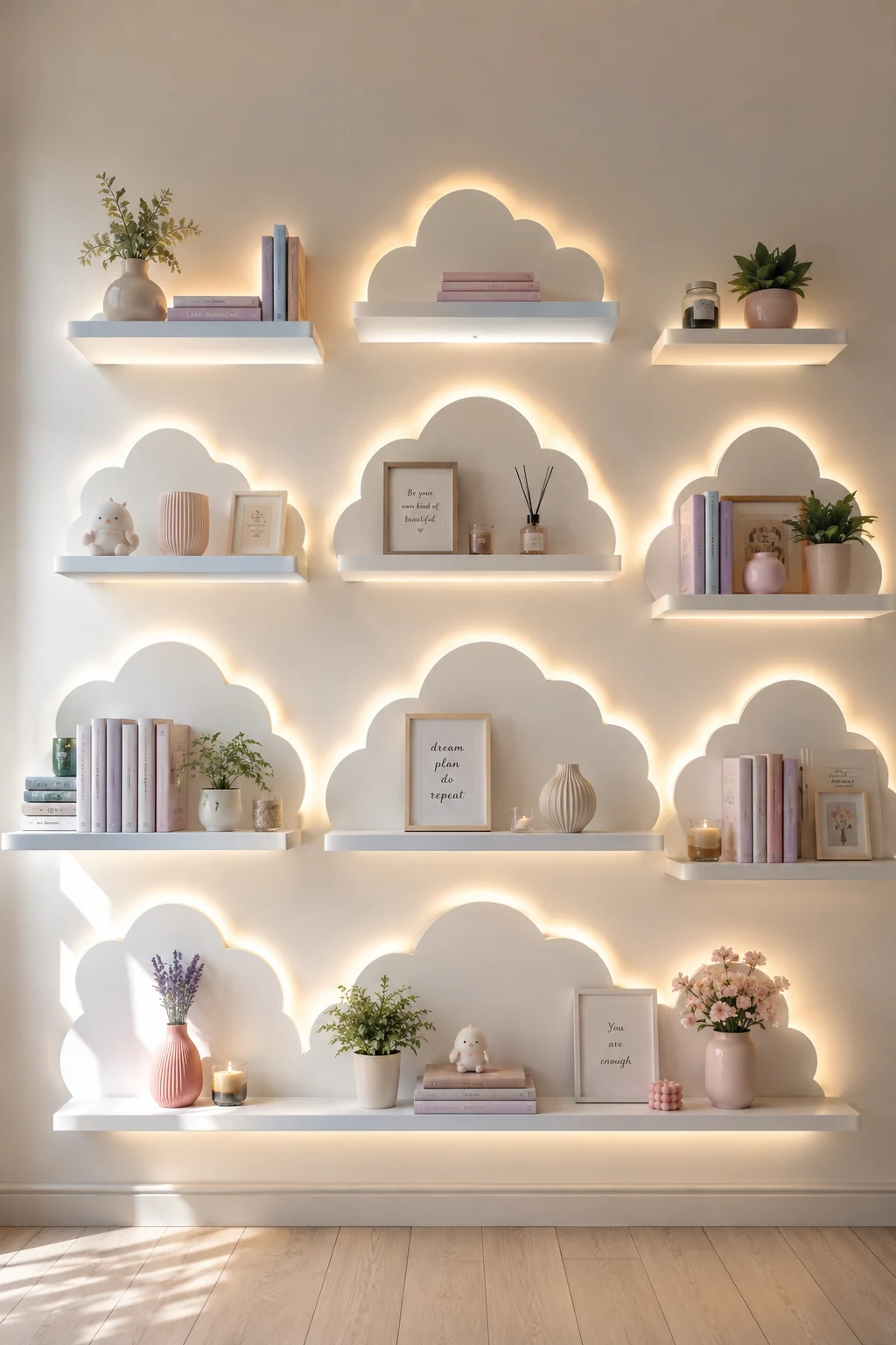 Modern teen girl bedroom featuring cozy LED cloud floating shelves with warm ambient lighting, stylish book decor, ceramic vases, candles, indoor plants, neutral aesthetic, luxury wall styling, and Pinterest-worthy cozy bedroom inspiration.