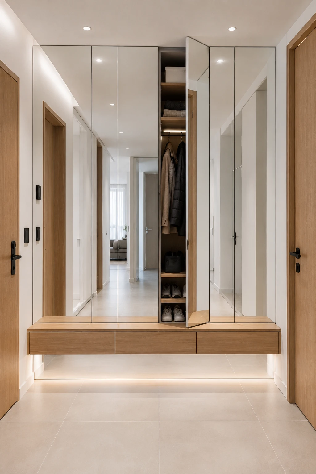 Modern small entryway featuring floor to ceiling hidden storage cabinets with mirrored doors, floating wooden bench with concealed drawers, warm LED lighting, light porcelain flooring, seamless handleless cabinetry, and a luxury minimalist home entrance with clean architectural lines.