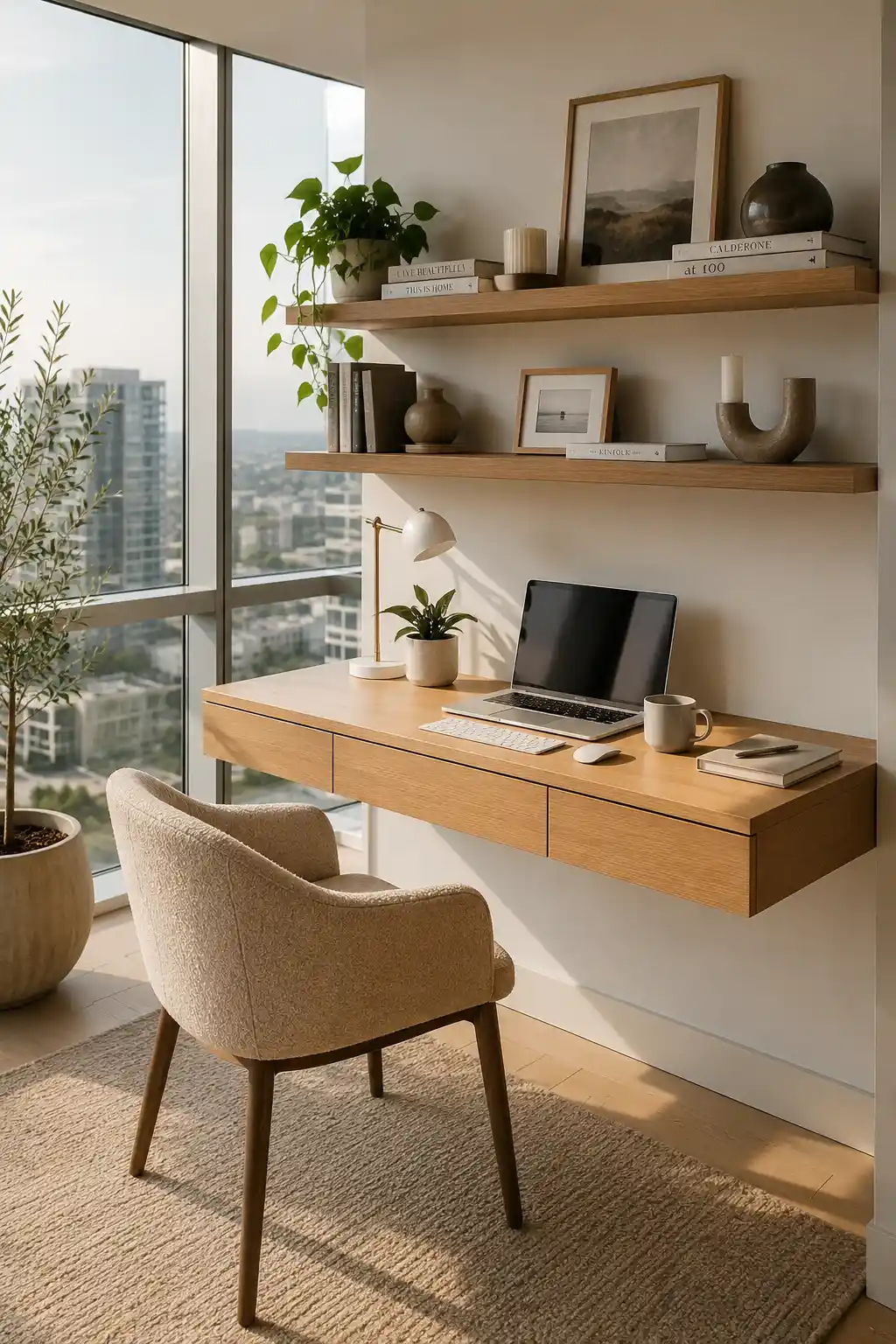 Modern small home office ideas featuring a floating wall mounted wooden desk, floating wall shelves with decorative books and artwork, ergonomic upholstered office chair, indoor plants, large floor to ceiling windows, warm natural sunlight, minimalist workspace, space saving office layout, luxury home office décor, modern productivity workspace inspiration.