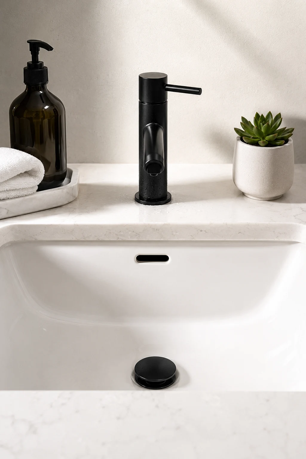 Modern matte black bathroom faucet installed on a white quartz vanity with an integrated sink, amber glass soap dispenser, folded white hand towel on a marble tray, small succulent in a ceramic planter, minimalist bathroom styling, contemporary vanity makeover, luxury small bathroom design, budget bathroom remodel inspiration, modern bathroom decorating ideas.