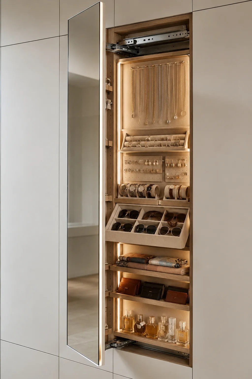 Hidden pull out mirror cabinet inside a luxury custom small closet featuring full length mirror, velvet jewelry organizers, ring trays, necklace hooks, watch storage, sunglasses compartments, perfume shelves, warm built in LED lighting, premium wood cabinetry, concealed accessory storage, and smart small closet organization ideas for maximizing every inch of space.