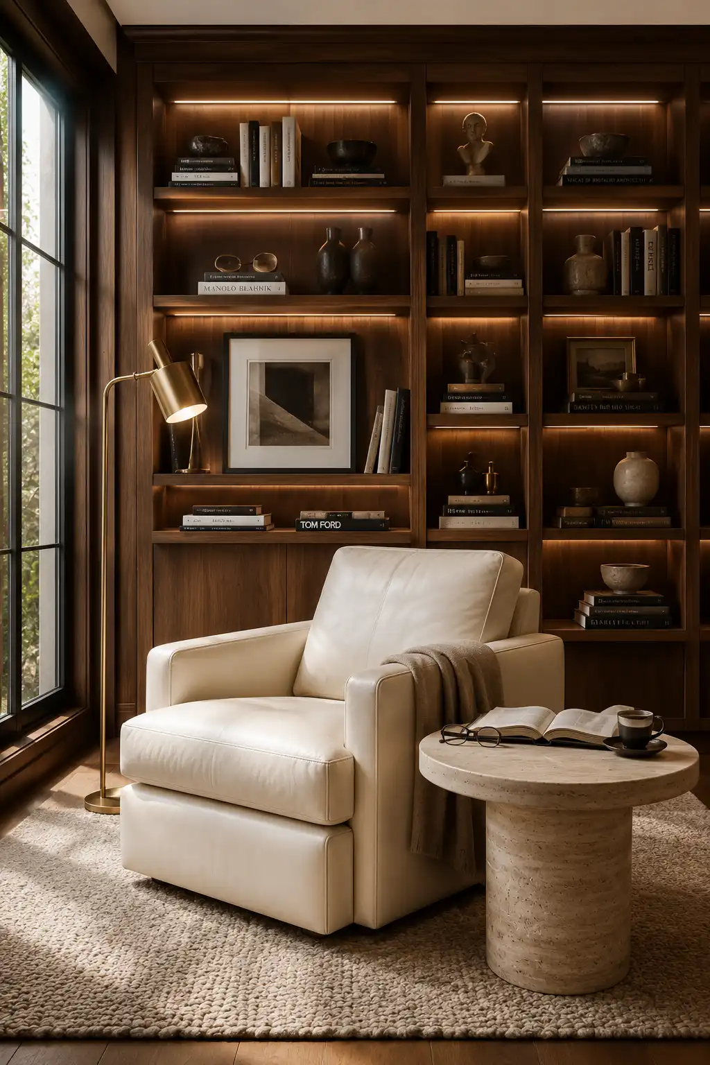 Modern built in library reading corner featuring a plush cream accent chair, custom walnut built in bookshelves with warm LED lighting, brass floor lamp, travertine side table, textured area rug, and elegant luxury home library decor creating a cozy reading nook with timeless modern style.