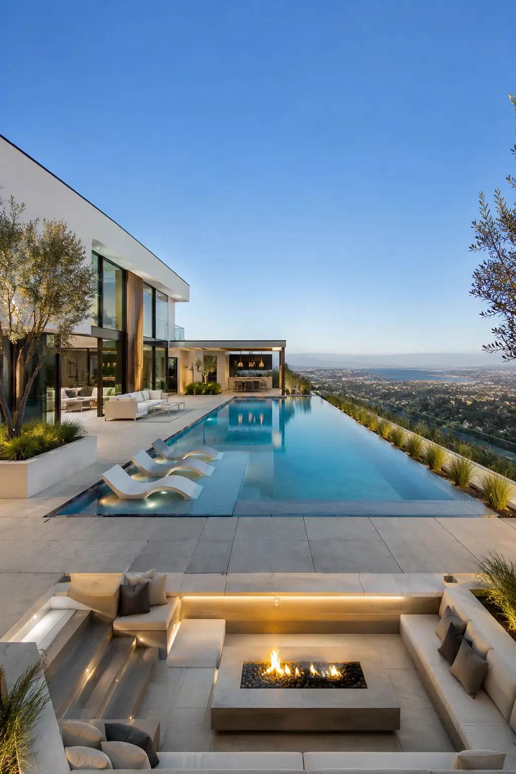 Luxury infinity edge backyard pool overlooking panoramic hillside views with a modern white contemporary home, oversized porcelain pavers, built in fire pit lounge, in water chaise loungers, floor to ceiling glass walls, premium outdoor seating, LED landscape lighting, and elegant resort style backyard landscaping.