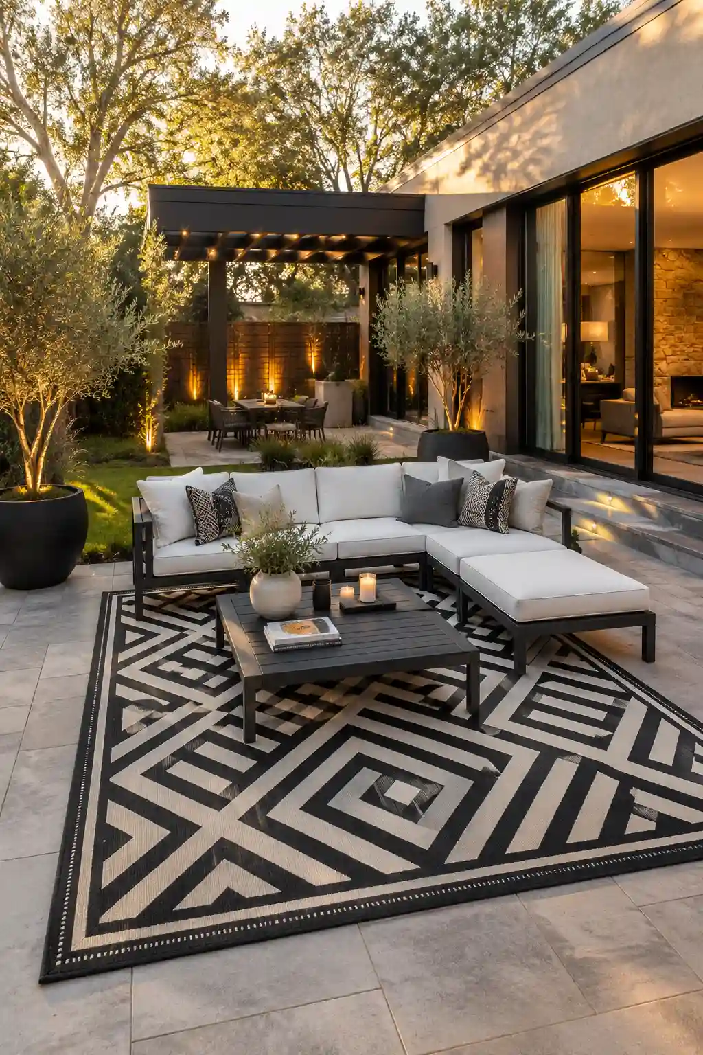 Luxury modern backyard patio featuring a large black and white geometric outdoor rug defining the seating area beneath a charcoal aluminum sectional with plush white cushions, sleek black coffee table, oversized matte black planters with olive trees, warm landscape lighting, porcelain paver flooring, contemporary architecture with floor to ceiling glass walls, and an elegant outdoor living space at golden hour.