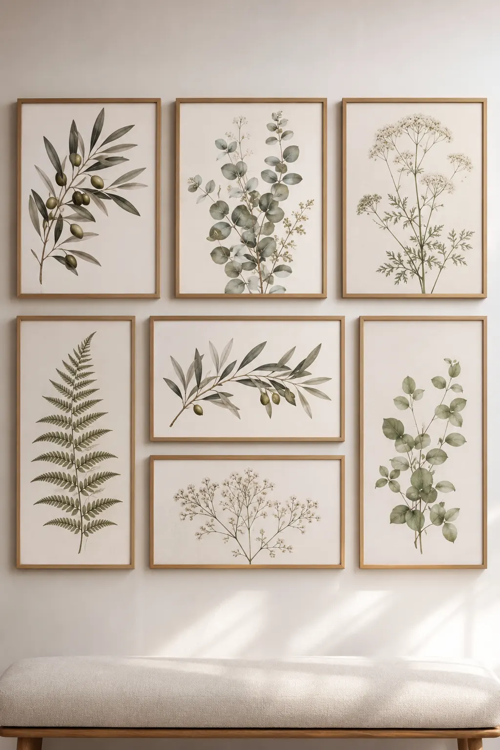 Elegant botanical gallery wall featuring oversized framed eucalyptus, olive branch, fern, and delicate wildflower prints in matching natural oak frames above a neutral upholstered bench with soft linen cushions, warm ivory walls, luxury spring home decor styling, and bright natural daylight creating a fresh designer inspired interior.