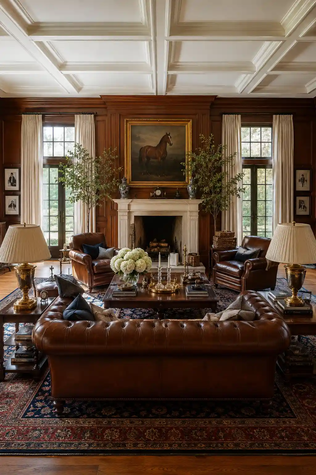 Elegant Ralph Lauren living room with a rich cognac leather Chesterfield sofa, matching leather armchairs, dark walnut wall paneling, classic white fireplace mantel, oversized equestrian horse artwork, coffered ceiling, antique brass table lamps, traditional Persian area rug, solid wood coffee table with luxury books and candles, cream linen curtains, hardwood flooring, fresh white hydrangeas, and timeless traditional luxury home decor inspired by Ralph Lauren interiors.