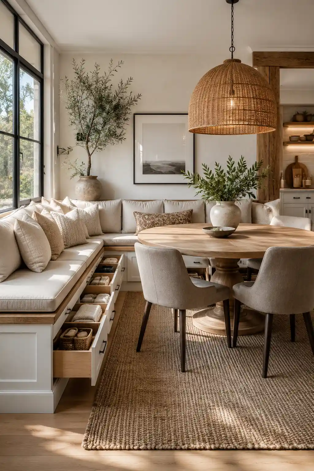 DIY corner banquette seating with hidden storage drawers, white shaker built in dining bench, thick linen seat cushions, round white oak pedestal table, woven pendant light, neutral throw pillows, cozy breakfast nook, space saving dining room design, custom banquette seating ideas, modern built in bench inspiration.
