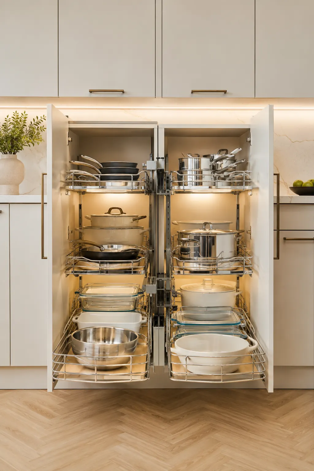 Modern luxury kitchen featuring a magic corner pull out kitchen corner cabinet with fully extended chrome sliding baskets, neatly organized pots, pans, Dutch ovens, casserole dishes, mixing bowls, glass food containers, and cookware. Matte handleless cabinetry, white quartz countertops, integrated warm LED lighting, and a contemporary kitchen design showcasing smart hidden corner storage solutions.