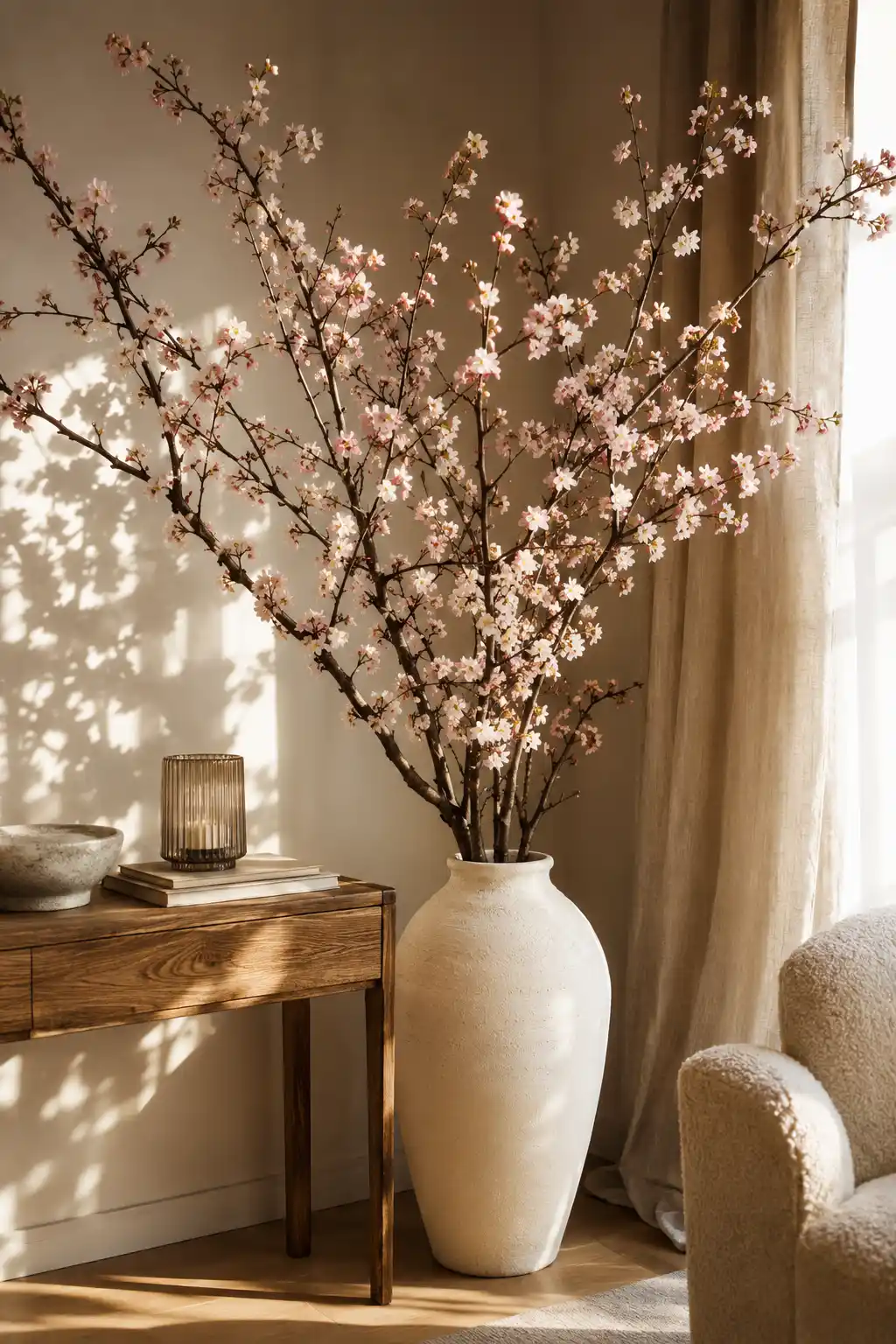 Oversized pink cherry blossom branches arranged in a large white statement floor vase beside a slim wooden console table, soft lamp, stacked books, and cozy boucle chair in a sunlit modern living room corner with elegant spring seasonal decor.