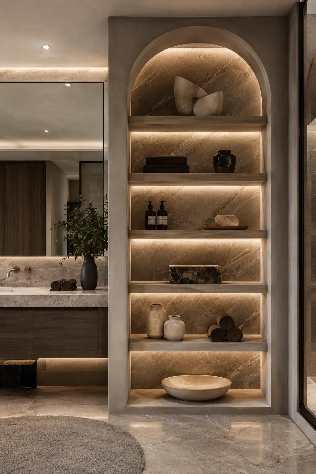 Luxury modern bathroom featuring a floor to ceiling arched built in shelf tower with warm illuminated stone shelves, folded towels, sculptural ceramic vases, premium bath products, and elegant bathroom storage styling.