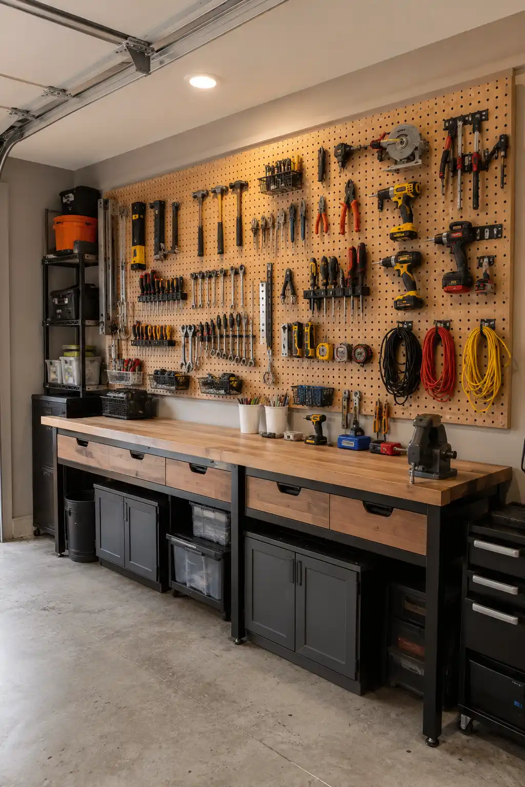 Organized residential garage featuring a large full wall wooden pegboard tool station with neatly arranged hammers, screwdrivers, wrenches, pliers, power drills, clamps, measuring tools, and colorful extension cords. A long natural wood workbench with drawers, dark lower cabinets, storage bins, and workshop accessories creates a clean and practical garage tool storage area.