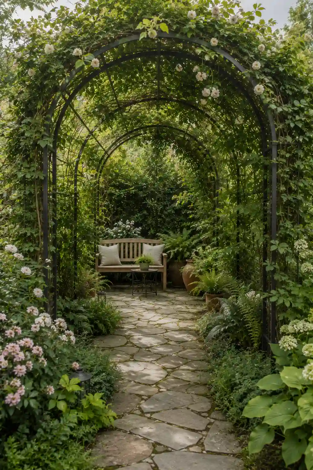 Lush garden trellis tunnel covered with dense climbing vines and soft white flowers, featuring a natural stone pathway leading to a secluded wooden bench surrounded by layered plants, ferns, and mature backyard greenery.