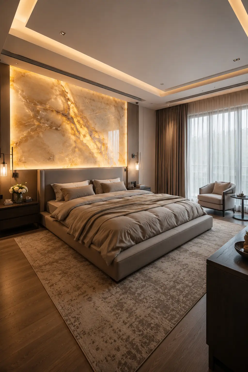 Modern luxury bedroom featuring a glowing backlit onyx wall panel above a wide upholstered headboard, warm concealed lighting, layered neutral bedding, dark wood nightstands, pendant lights, a textured area rug, and elegant contemporary bedroom decor.