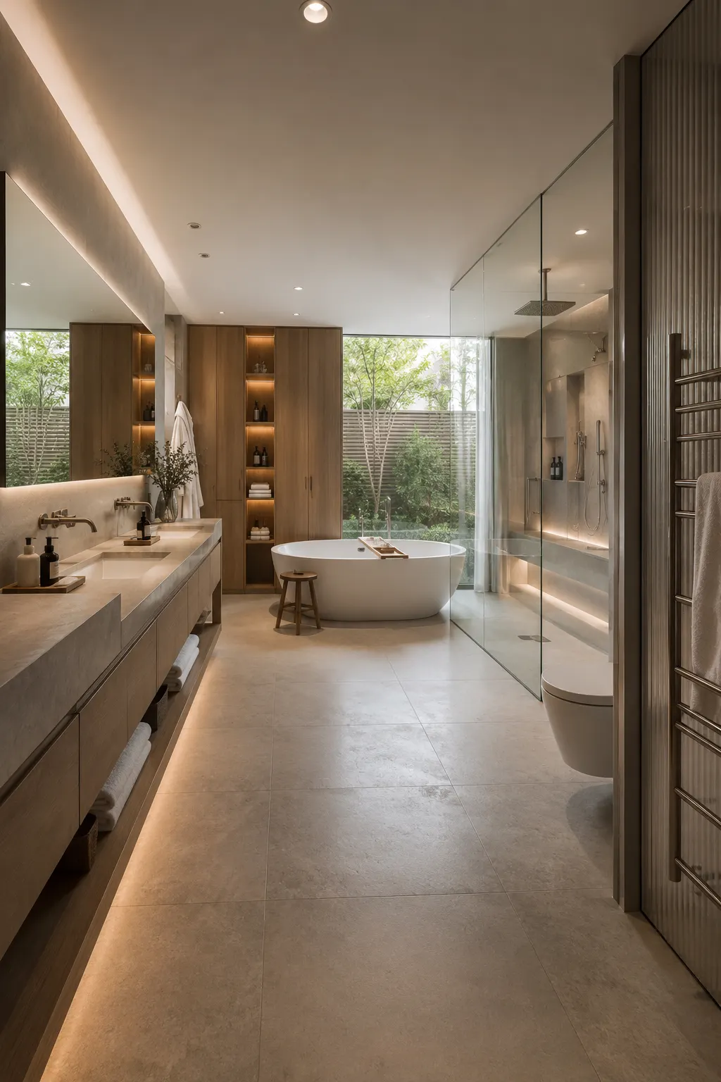 Modern hotel inspired spa bathroom featuring a freestanding soaking tub, spacious glass enclosed rain shower, floating double vanity, full height warm wood storage, natural stone flooring, heated towel rail, built in shower bench, garden views, and soft layered ambient lighting.