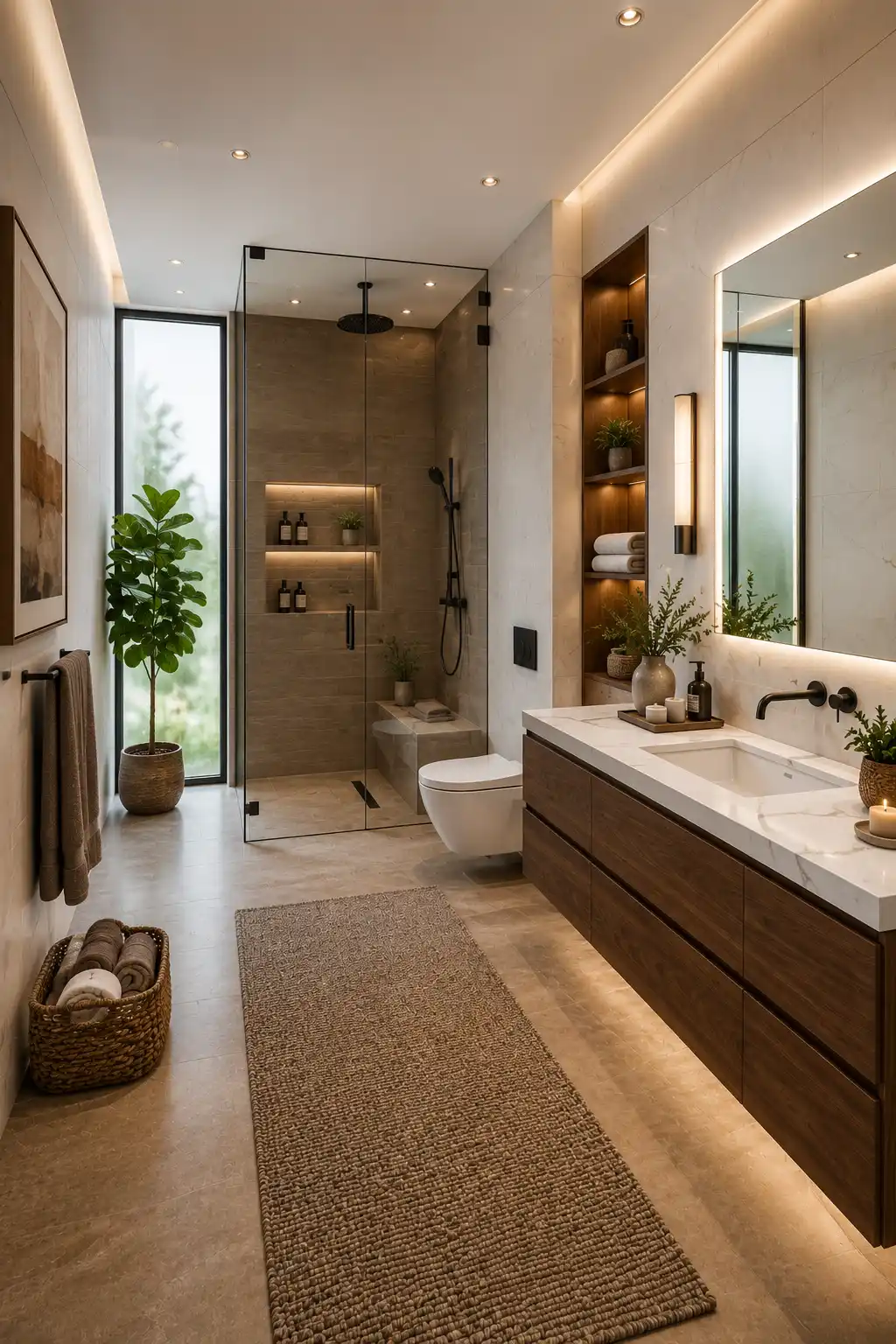 Warm brown contemporary bathroom featuring a floating walnut vanity, oversized backlit mirror, frameless walk in shower, matte black fixtures, stone look porcelain walls, layered LED lighting, indoor plants, and luxury modern bathroom interior.
