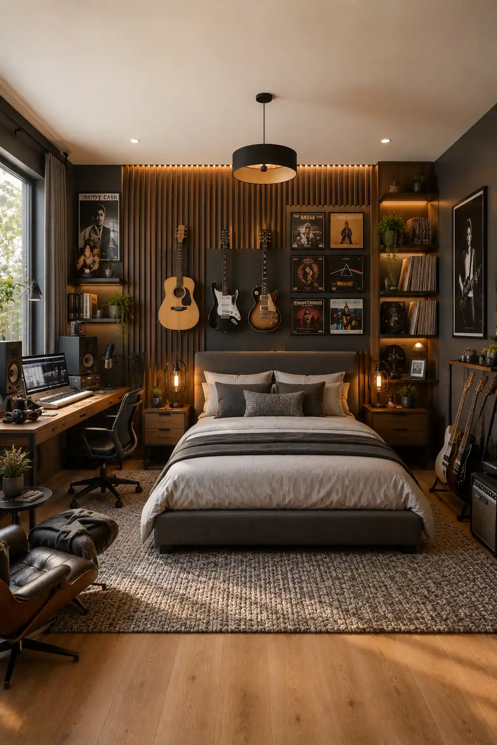 Music lover teen bedroom featuring guitars on display, vinyl record wall, music production desk, studio speakers, wood slat accent wall, cozy layered bedding, warm lighting, and creative musician bedroom inspiration.