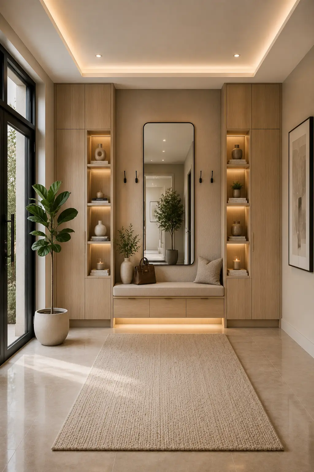 Soft oak contemporary entryway featuring floor to ceiling oak cabinets, hidden shoe storage, built in bench, oversized mirror, illuminated display shelves, matte black coat hooks, porcelain flooring, and elegant modern entryway organization.