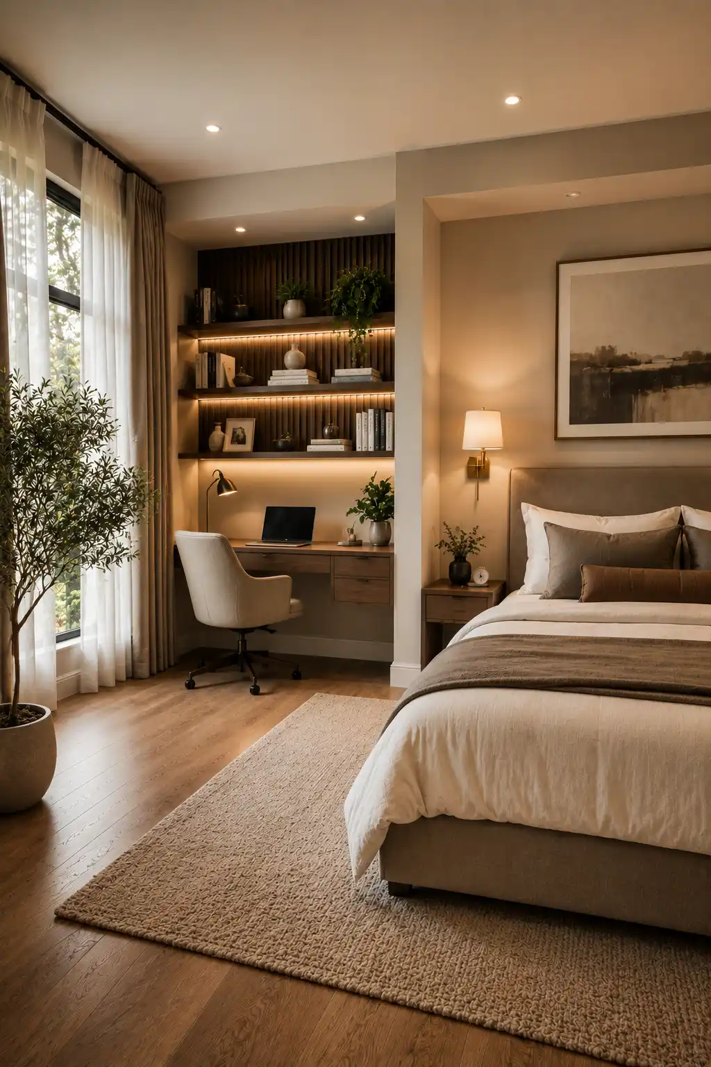 Modern bedroom corner home office with a floating walnut desk, built in shelving, ergonomic chair, elegant lighting, premium bedding, textured rug, indoor plants, oversized windows, and a smart workspace for compact bedrooms.