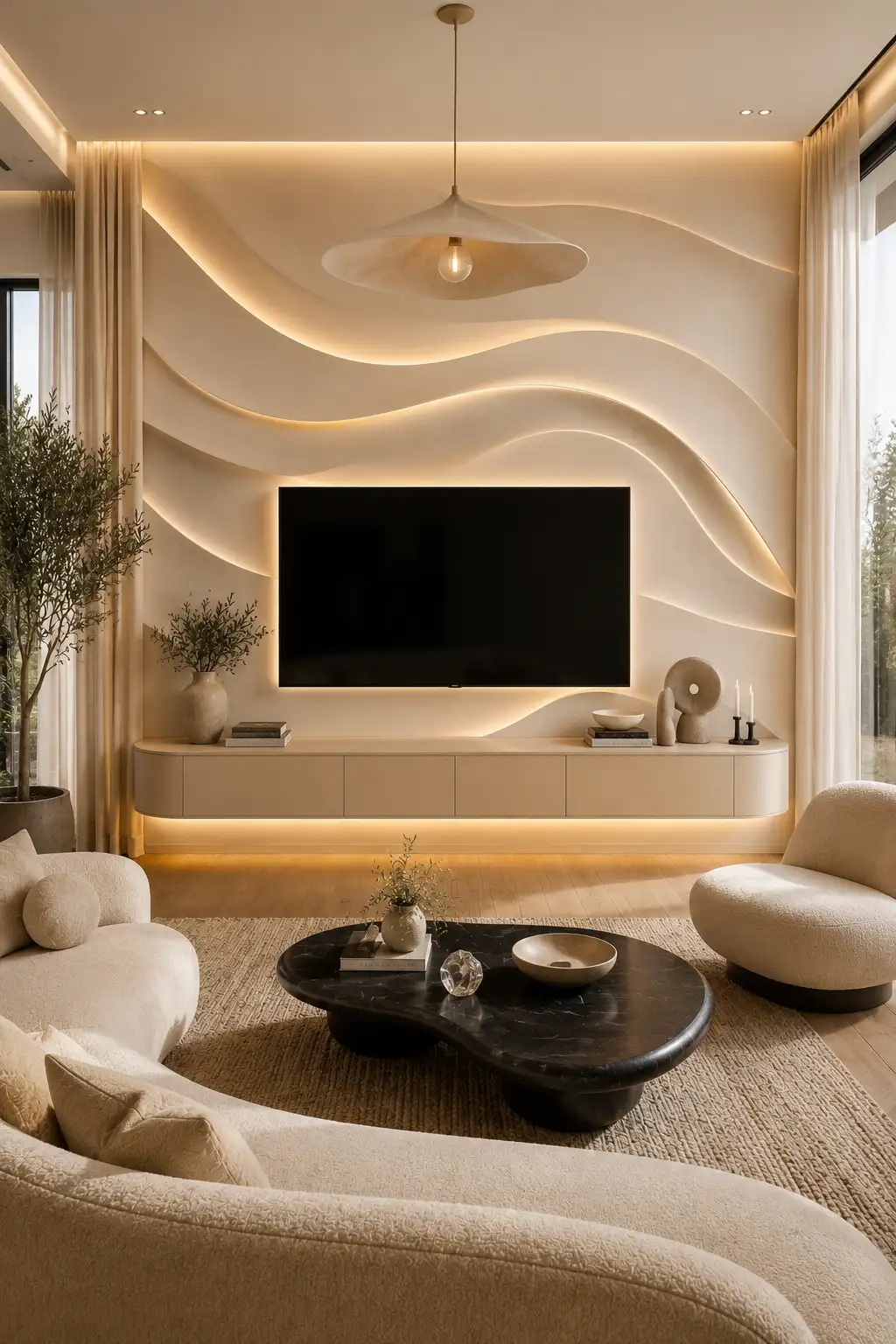 Luxury sculptural wave texture TV wall featuring curved architectural panels, concealed LED lighting, floating media console, premium neutral furniture, elegant designer décor, and a sophisticated modern living room with artistic wall detailing.