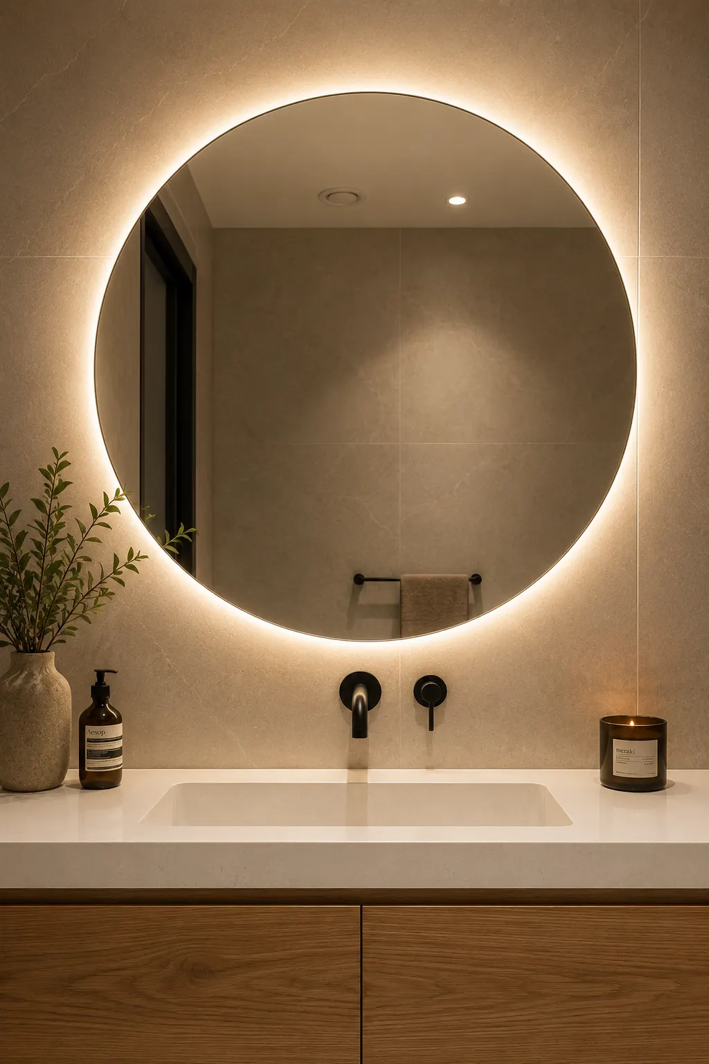 Modern small bathroom featuring warm neutral color palette, floating oak vanity, white quartz countertop, round LED mirror, matte black wall mounted faucet, beige porcelain tiles, ceramic accessories, and timeless luxury bathroom decor.