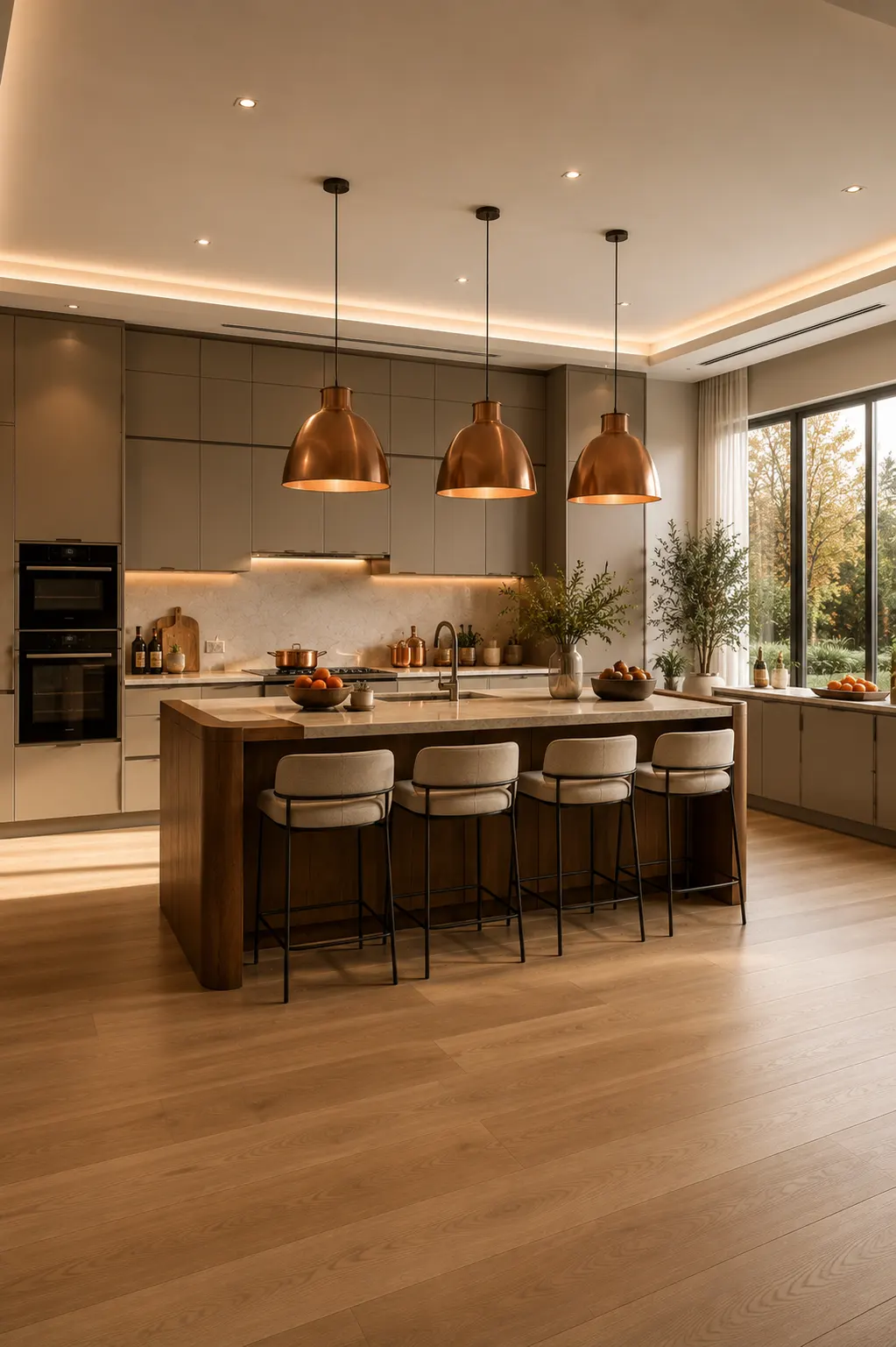 Luxury modern kitchen with a waterfall walnut island, oversized copper pendant lights, upholstered bar stools, quartz countertops, matte cabinetry, warm oak flooring, decorative greenery, stylish copper accents, contemporary fall kitchen decor, elegant luxury kitchen inspiration.
