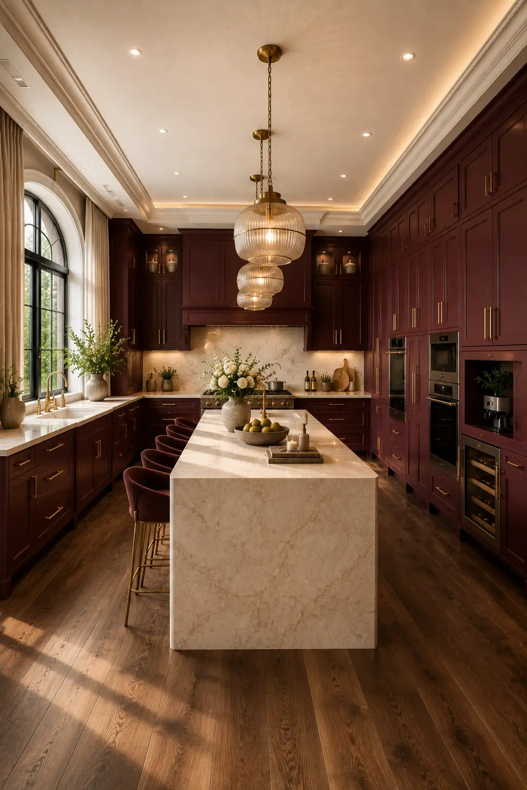 Luxury burgundy and champagne gold kitchen featuring deep burgundy cabinetry, creamy stone waterfall island, champagne gold hardware, smoked walnut flooring, premium integrated appliances, oversized arched windows, and a sophisticated 2026 kitchen color palette.