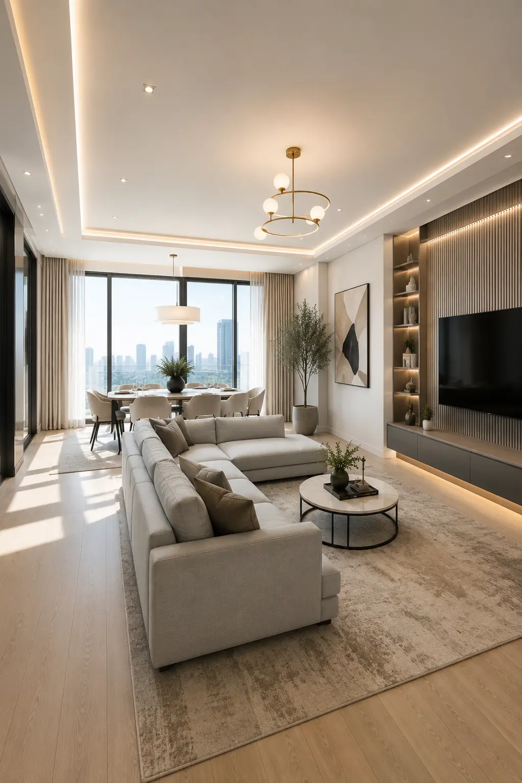 Two cream sofas facing each other in a modern small open living room featuring a large round stone coffee table, oversized textured rug, custom walnut media wall, open concept dining room, floor-to-ceiling windows, warm wood flooring, neutral luxury decor, and elegant contemporary home interior.