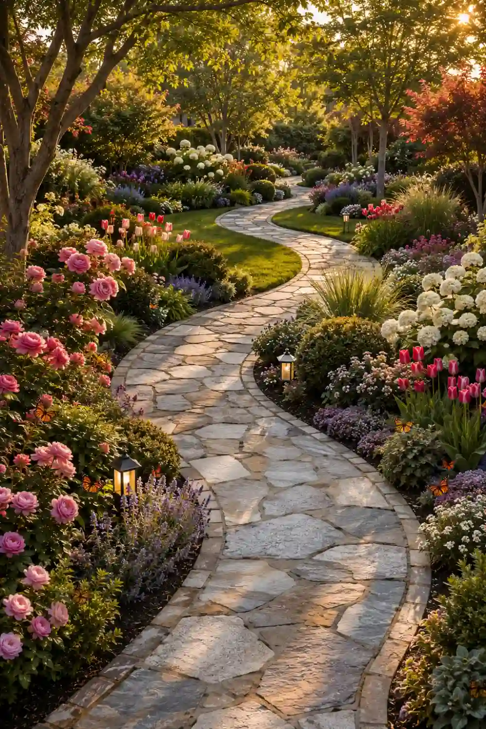 Curved natural stone garden path flowing through colorful flower beds with hydrangeas, roses, lavender, ornamental grasses, lush green lawns, and mature trees, creating an elegant backyard walkway with stunning landscape design.