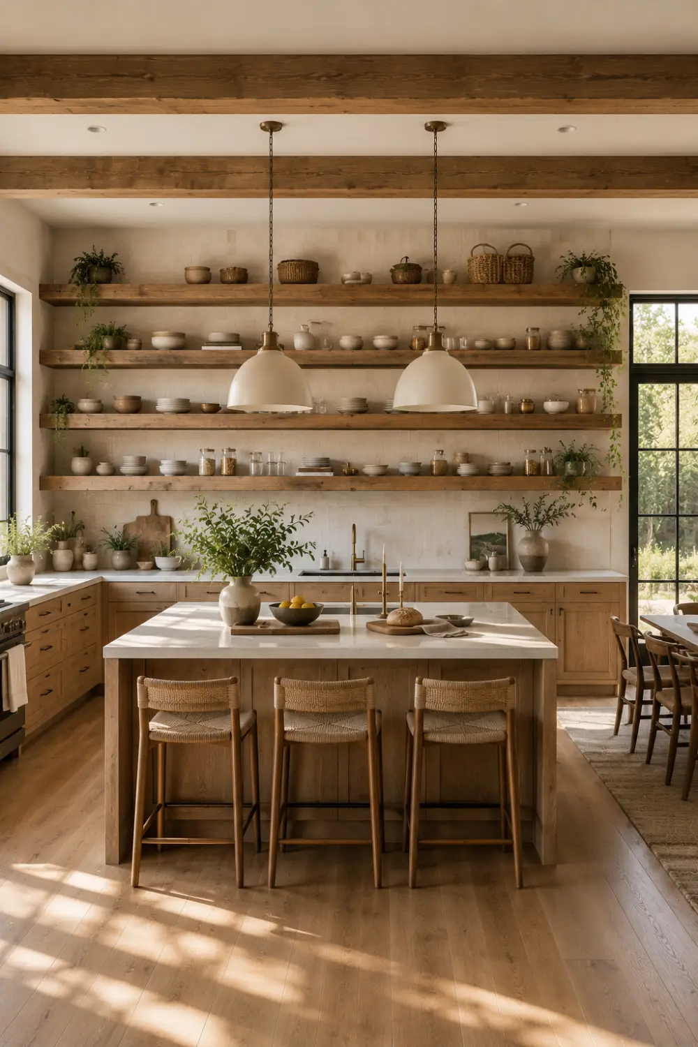 Beautiful modern rustic kitchen featuring long floating reclaimed wood shelves, handcrafted pottery, glass jars, wooden cutting boards, white quartz countertops, oversized wood island, woven bar stools, exposed ceiling beams, black framed windows, fresh greenery, and bright natural lighting for stylish open shelving inspiration.