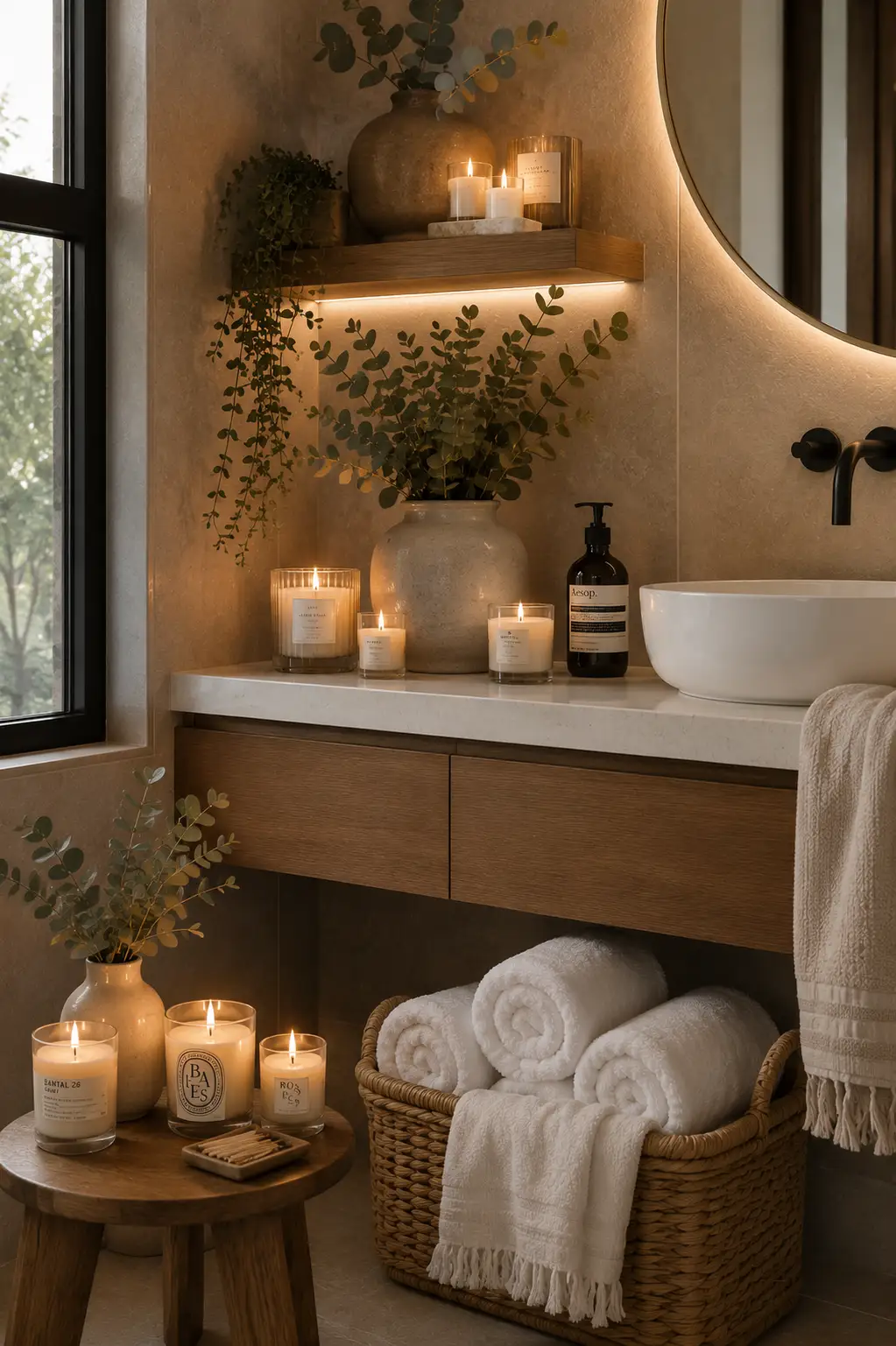 Warm modern guest bathroom decorated with luxury scented candles, rolled white towels, ceramic vases, greenery, floating wooden shelves, woven baskets, and soft ambient lighting for relaxing spa bathroom decor.