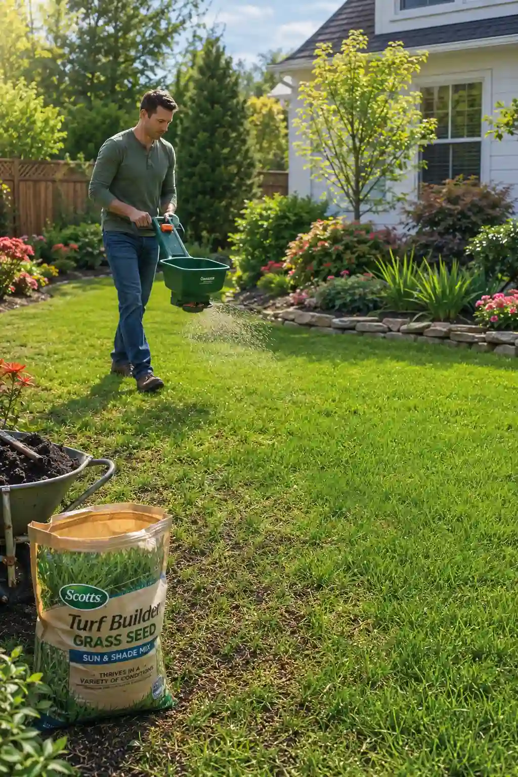 Homeowner overseeding thin lawn areas with premium grass seed using a handheld spreader, restoring patchy grass, improving lawn density, encouraging lush green growth, backyard landscaping, and expert lawn renovation techniques.