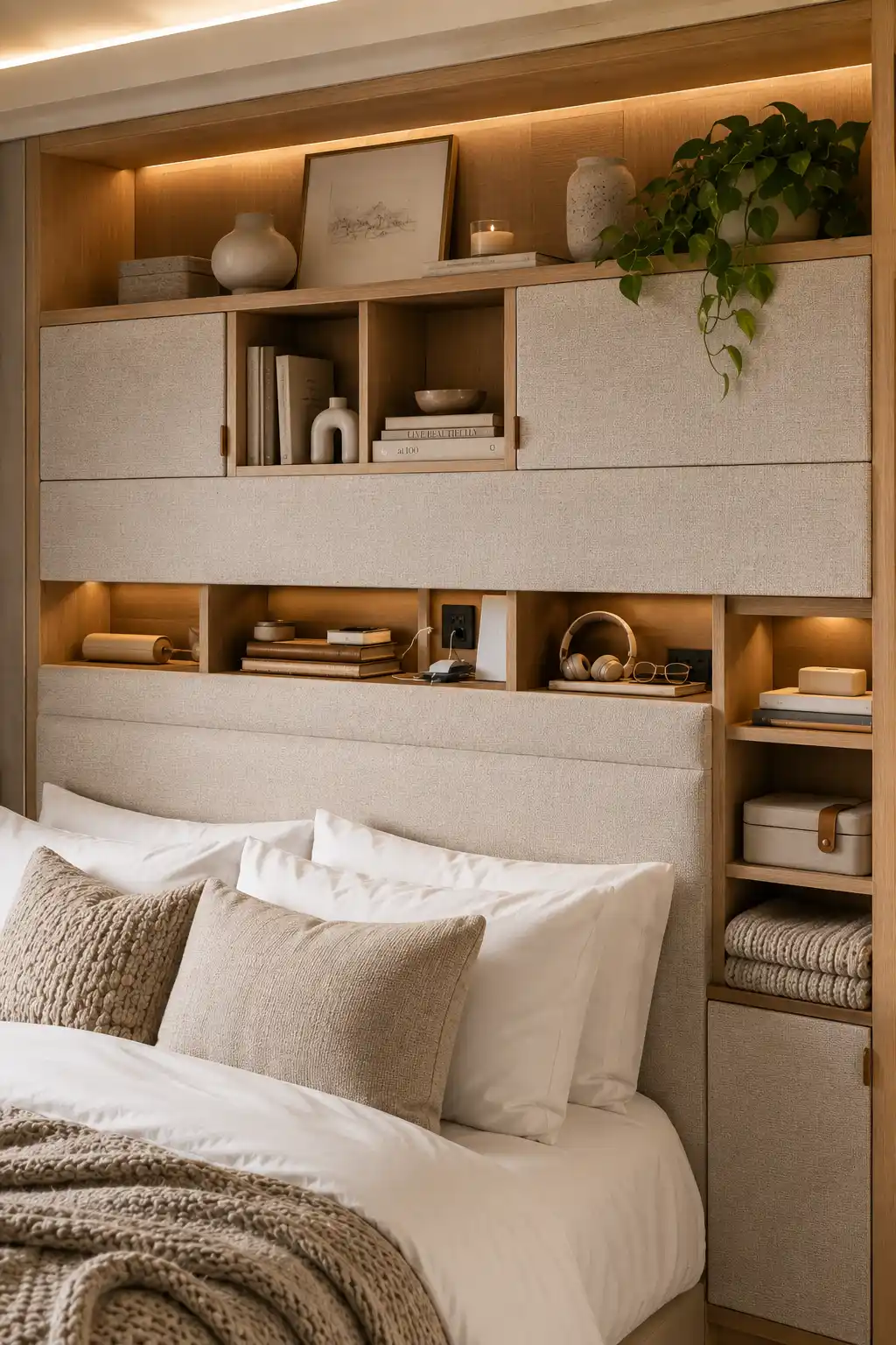 Modern storage headboard with built in shelves, hidden cabinets, LED lighting, books, decorative accessories, charging station, and bedroom essentials, creating a functional and organized sleeping space in a small bedroom.