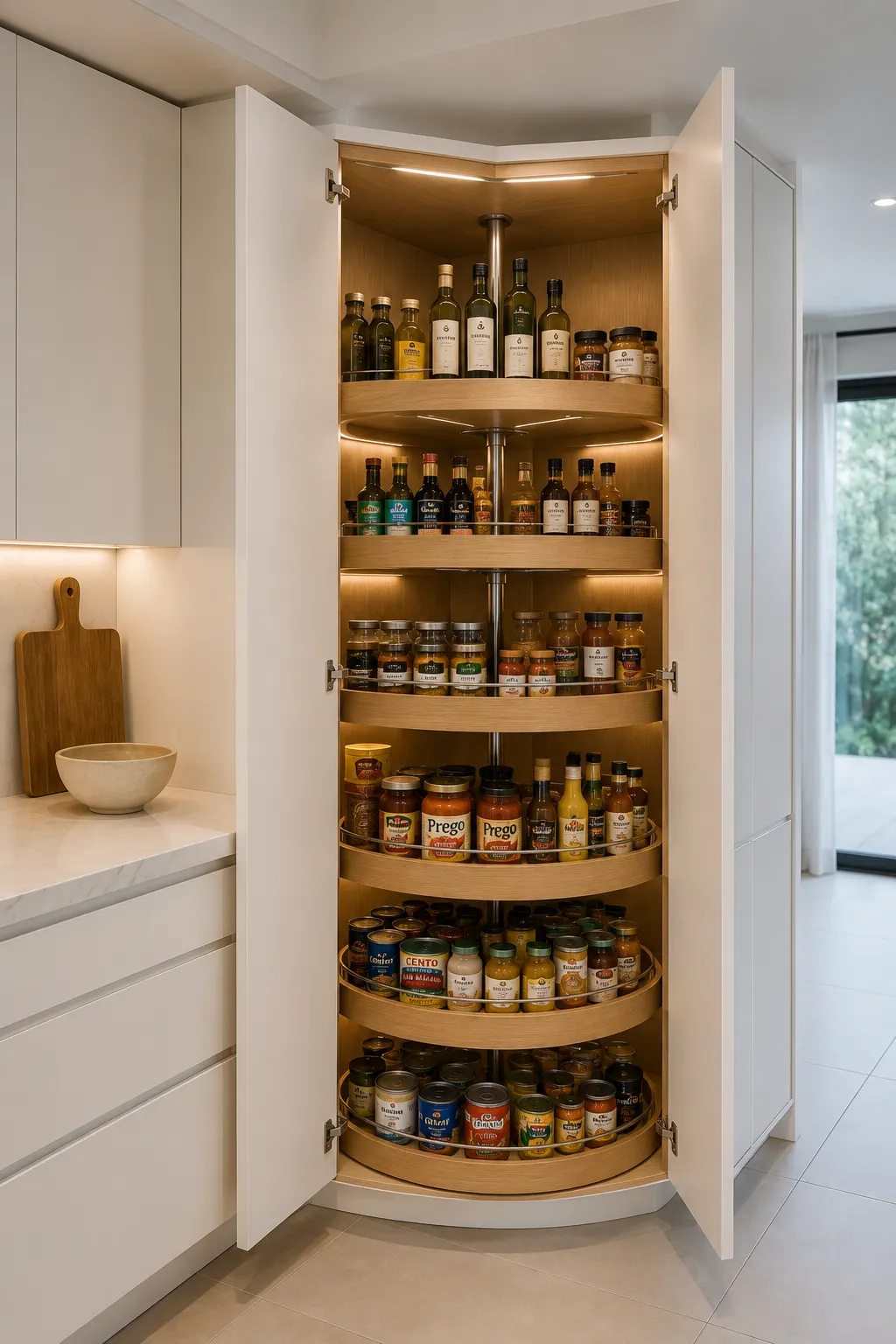 Modern pantry corner cabinet featuring a built in Lazy Susan with rotating shelves holding spices, cooking oils, sauces, condiments, glass jars, white cabinetry, natural oak interiors, LED lighting, and smart pantry organization ideas for maximizing corner storage.