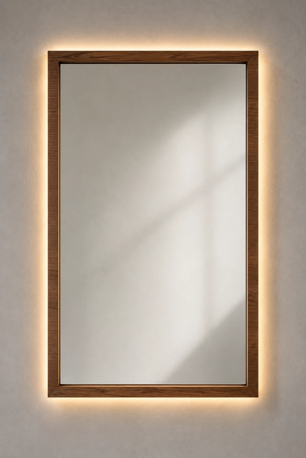 Floating LED mirror frame featuring a large rectangular wall mirror with a slim handcrafted walnut wood frame and hidden warm white LED backlighting that creates a beautiful floating halo effect. Mounted on a modern neutral wall, this DIY mirror frame is perfect for luxury bathrooms, dressing rooms, smart home décor, modern bedroom mirrors, and contemporary interior design.