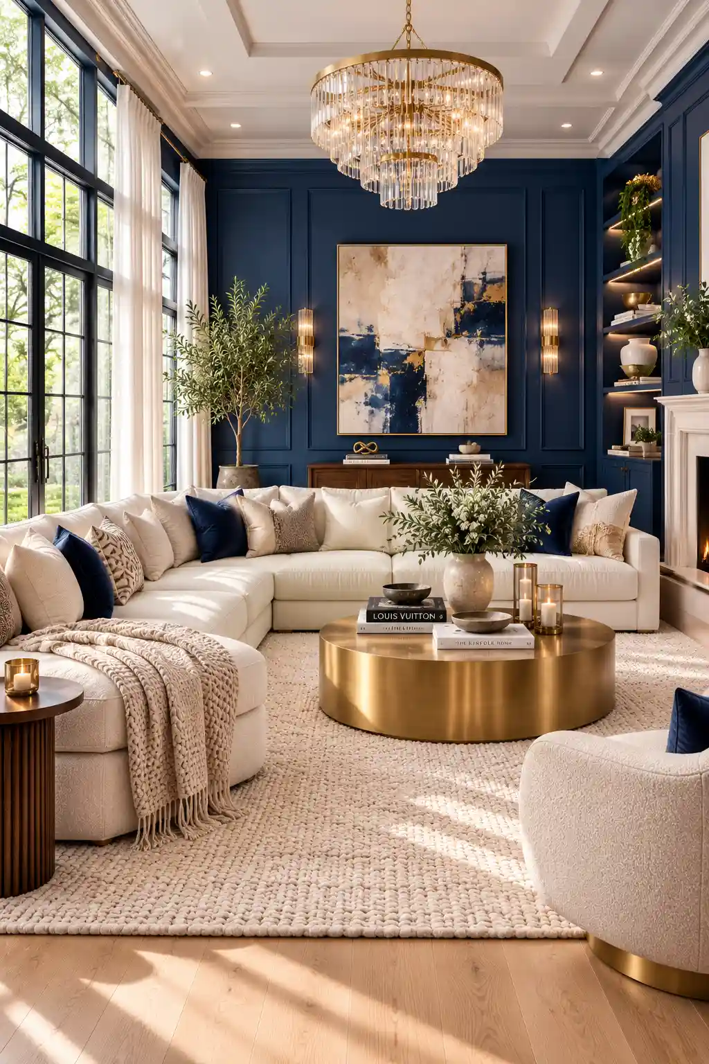 Luxury royal blue and ivory living room featuring rich royal blue paneled walls, oversized ivory sectional sofa, brushed gold round coffee table, crystal chandelier, built in shelving with LED lighting, modern fireplace, oversized abstract artwork, velvet navy accent pillows, white linen curtains, indoor greenery, and premium designer styling.