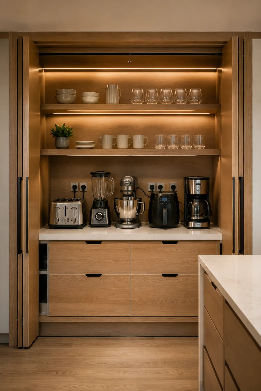 Luxury hidden appliance garage featuring a coffee maker, stand mixer, blender, toaster, air fryer, quartz countertop, floating wood shelves, warm LED lighting, custom drawers, concealed kitchen appliances, white oak cabinetry, modern organization ideas, and minimalist kitchen storage.